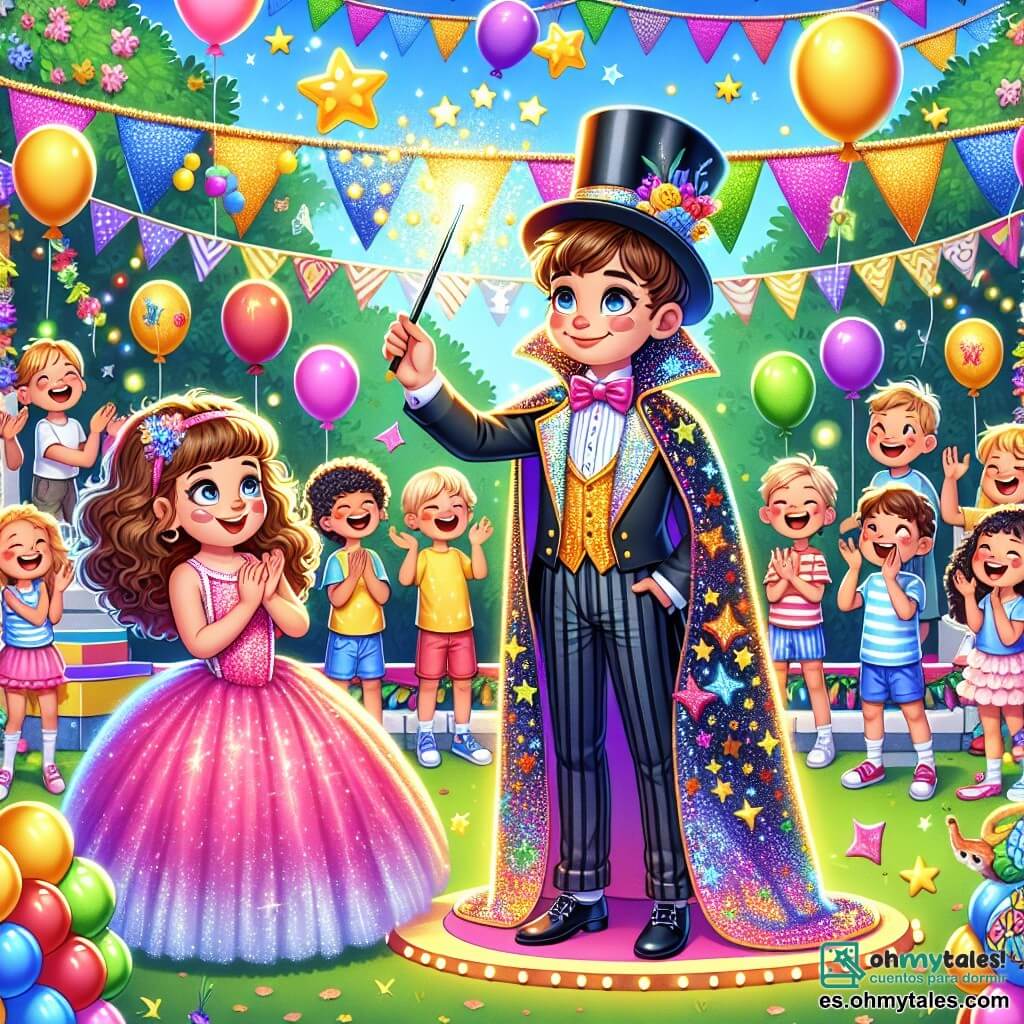 Un niño de 10 años, Tomás, está en el centro del escenario, vistiendo un hermoso traje de mago. Su capa está adornada con estrellas doradas brillantes y su sombrero de copa tiene una pluma colorida. Sonríe ampliamente, sus ojos brillan de emoción y orgullo mientras levanta su varita mágica, que emite destellos de luz. A su lado, Ana, una niña de 10 años con cabello rizado y castaño, lo mira con admiración. Lleva un disfraz de hada, con alas brillantes y un vestido rosa. Aplaude alegremente, un poco apartada para ver mejor el espectáculo. El fondo es un jardín escolar festivo, lleno de globos de colores, guirnaldas y puestos de juegos. Los niños ríen y se divierten a su alrededor, creando una atmósfera alegre y animada. La escena principal muestra a Tomás realizando un truco de magia, levantando su varita para hacer brotar estrellas brillantes y burbujas de colores en el aire, cautivando la atención de todos los niños que lo rodean.