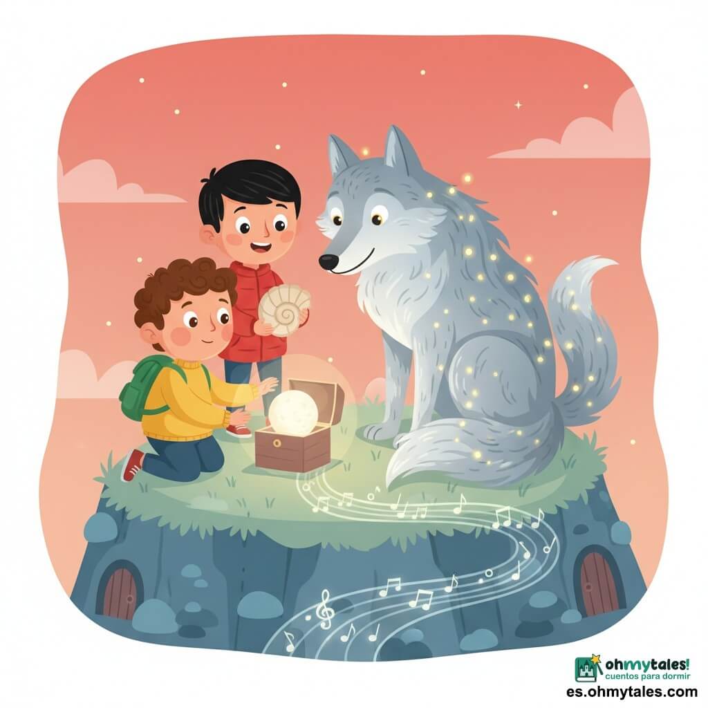 Hay tres personajes: Lucho, niño de 5 años, pelo castaño rizado, mejillas redondas, con suéter amarillo y mochila verde, a la izquierda arrodillado extendiendo la mano hacia una pequeña caja con la luna; Manu, niño de 5 años, pelo liso negro y gran sonrisa, con chaqueta roja, a la derecha ligeramente detrás mirando maravillado la luna mientras sostiene una concha brillante; y un lobo de niebla grande y amable, pelaje de nubes plateadas salpicado de luciérnagas, ojos claros, sentado en el centro junto a los niños inclinando la cabeza hacia la caja luminosa. Escena en la cima de una montaña cantora al crepúsculo, piedras azul grisáceas, hierba baja verde pálido y pequeñas puertas de madera en las rocas, cielo rosa anaranjado con estrellas nacientes y brisa que mece la hierba. Los niños abren la caja que contiene una luna blanca perlada cuya luz dulce ilumina sus rostros; el lobo los protege con una sombra irisada que convierte un arroyo plateado en notas musicales, composición íntima de tonos cálidos, contrastes suaves y expresiones de asombro y ternura.