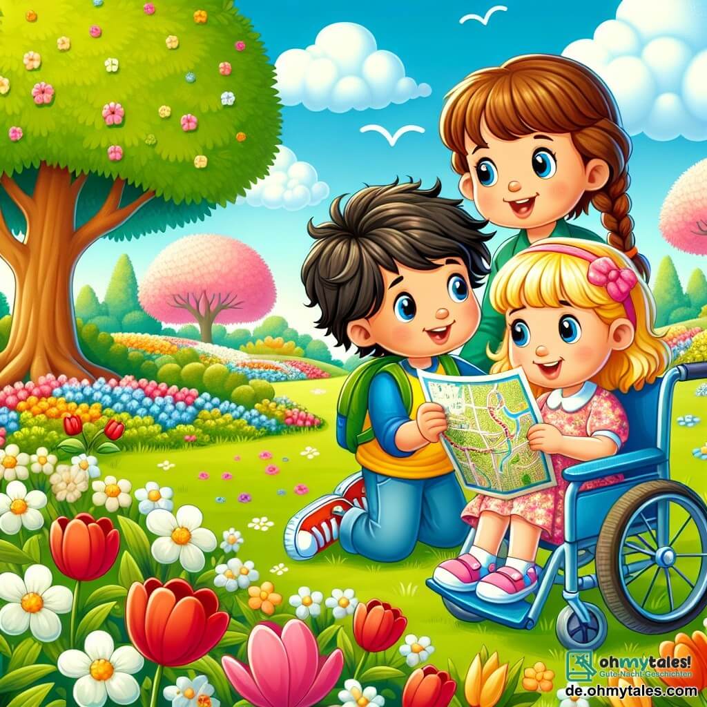 In einem Park im Frühling sind drei Kinder versammelt. Max, ein 8-jähriger Junge mit zerzausten braunen Haaren und einem gelben T-Shirt, hält eine Schatzkarte und lächelt begeistert. Neben ihm steht Lisa, ein 7-jähriges Mädchen mit geflochtenen blonden Haaren, das ein rosa Blumenkleid trägt und neugierig auf die Karte schaut. Mia, ein 6-jähriges Mädchen mit lockigem braunem Haar, sitzt in ihrem schönen blauen Rollstuhl, lacht fröhlich und hält einen bunten Buntstift.

Der Park ist mit bunten Blumen gefüllt, darunter rote Tulpen, weiße Gänseblümchen und leuchtende Mohnblumen. Der Himmel ist strahlend blau, mit einigen flauschigen weißen Wolken. In der Ferne bietet ein großer majestätischer Baum Schatten, und Vögel singen in den Ästen.

Die Kinder machen eine Schatzsuche und suchen nach versteckten Hinweisen zwischen den Blumen und dem grünen Gras. Sie sind alle aufgeregt und lachen zusammen, bereit, den im Park versteckten Schatz zu entdecken.