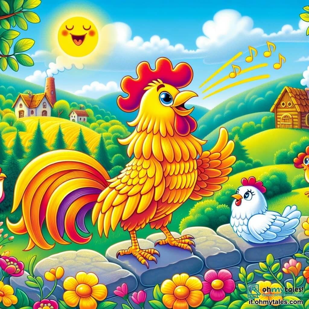 Un gallo dalle piume dorate, chiamato Galletto, si erge fiero su un muretto di pietra, cantando con entusiasmo. I suoi occhi brillano di gioia e sicurezza, mentre dispiega le ali con grazia, illuminato da un dolce raggio di sole. Accanto a lui, una gallina di nome Gina, con piume bianche e un'aria amichevole, lo ascolta con ammirazione. Un saggio gufo di nome Ugo, posato su un ramo, osserva la scena con attenzione, pronto a condividere i suoi consigli. Il contesto è un incantevole villaggio rurale, con colline verdi sullo sfondo, fiori colorati che danzano nel vento e un cielo blu punteggiato di nuvole bianche. In lontananza si intravede una piccola casa di legno con un camino fumante, che aggiunge calore a questa scena bucolica. Galletto canta felicemente per svegliare i suoi amici animali, riempiendo l'aria con la sua melodia coinvolgente, mentre il villaggio si risveglia lentamente, pronto per una nuova giornata di avventure.