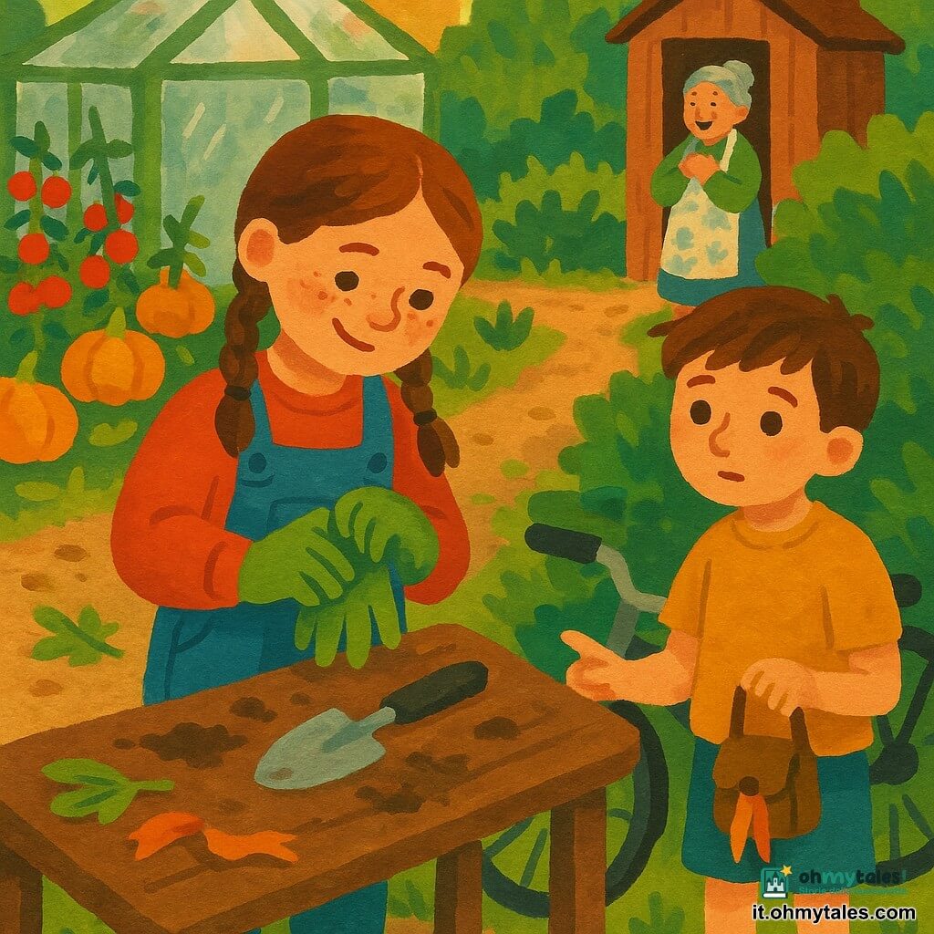 Bambina di 10 anni, viso tondo e lentiggini, capelli castani in due trecce, espressione concentrata e sorridente, restituisce un paio di guanti verdi e inclina la testa per osservare un graffio su un tavolo di legno; accanto un ragazzino di 8 anni, capelli castani corti, sguardo timido e mani sporche, tiene una piccola borsa con un nastro arancione e indica il manubrio della sua bicicletta parcheggiata dietro di loro. Sullo sfondo la nonna Emma, capelli grigi raccolti, grembiule a fiori, sorride vicino a una casetta degli attrezzi. Ambientazione: orto condiviso all'aperto con file di pomodori e zucche, sentieri di terra, una serra di vetro, tavolo di legno sporco di terra e attrezzi, bicicletta appoggiata a una siepe; sul terreno foglie stropicciate e un pezzo di nastro arancione. Situazione: la bambina spiega con calma il mistero attorno al tavolo, graffio visibile, luce calda del tardo pomeriggio, colori e texture effetto gouache, tratti netti e forme semplici.
