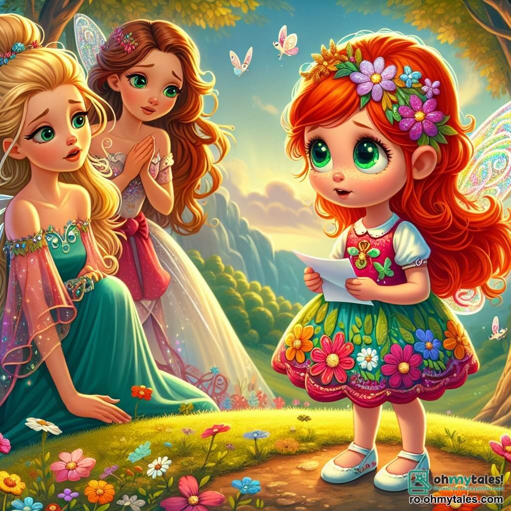 În centrul imaginii, Lili, o mică spiridușă cu păr roșu aprins și ochi verzi strălucitori, stă pe o mică colină, cu o expresie de melancolie și speranță pe față. Poartă o rochie colorată împodobită cu flori și ține în mâini o scrisoare pe care tocmai a scris-o, simbolizând emoțiile ei. În dreapta ei, mama, o frumoasă spiridușă cu păr brun și aripi strălucitoare, o privește cu tandrețe, fața ei exprimând compasiune și dragoste. Este în genunchi, pregătită să o asculte pe fiica ei, înconjurată de flori strălucitoare care dansează în vânt. În stânga, tata, un spiriduș cu păr blond și o expresie blândă, stă în picioare, cu brațele încrucișate, afișând un zâmbet reconfortant. Se apleacă ușor înainte, ca și cum ar dori să se apropie de Lili pentru a-i arăta că este acolo pentru ea. Decorul este o pădure fermecată, cu copaci majestuoși cu frunze aurii și raze de soare filtrându-se printre crengi, creând o atmosferă caldă și primitoare. Flori colorate acoperă solul, iar fluturi zboară în jurul lor. Situația principală o arată pe Lili, înconjurată de părinți, împărtășind emoții și cuvinte de încurajare, ilustrând astfel sprijinul familial în ciuda schimbărilor din viața lor.