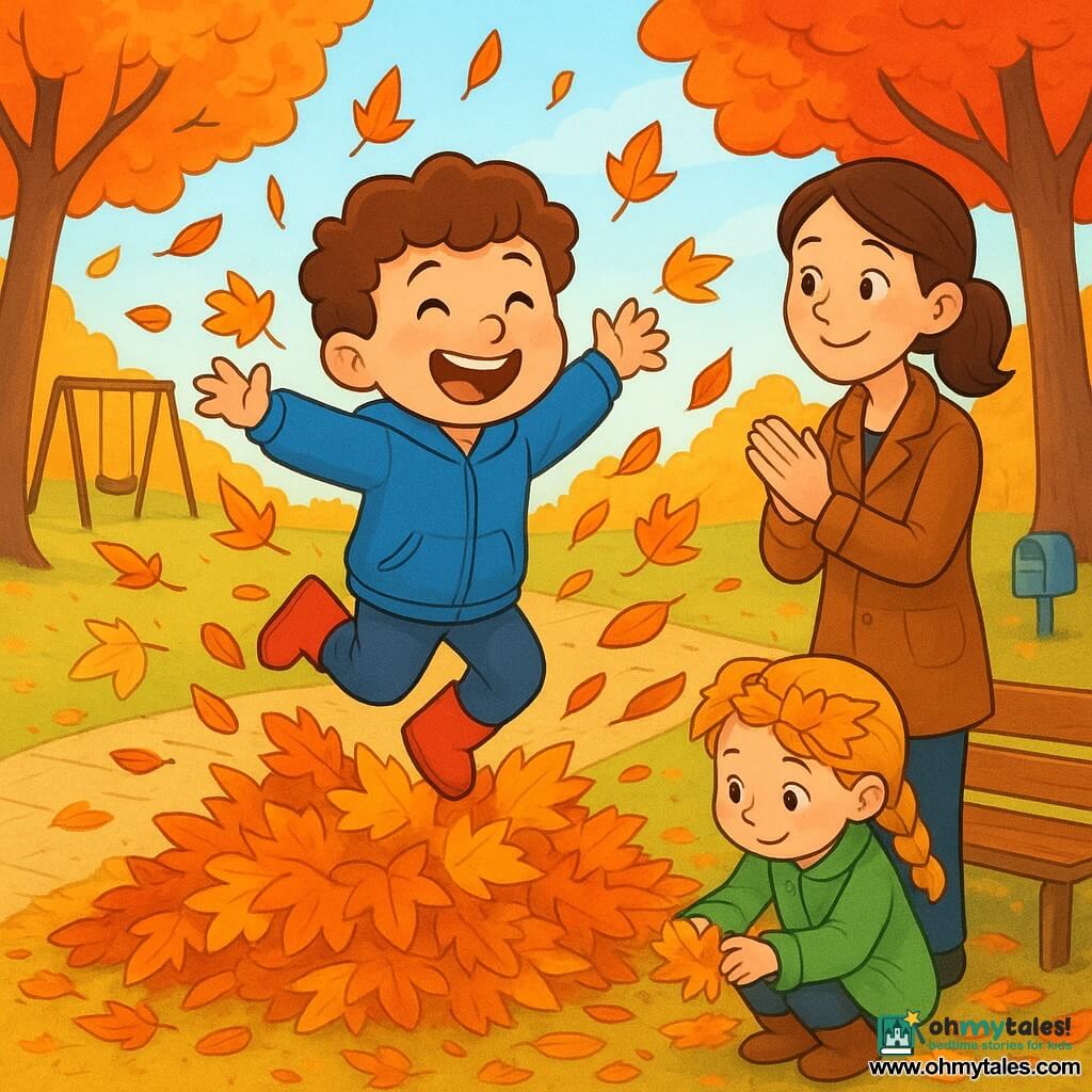 A smiling 4-year-old boy with a round face, rosy cheeks and curly chestnut hair, wearing a blue jacket and red boots, jumps into a large pile of orange and yellow leaves as leaves fly around him; nearby a woman in her 30s with tied brown hair stands by a wooden bench, smiling tenderly and clapping; a little girl named Mia, about 4, with a light braid and a small green coat crouches by the pile making a leaf crown; the park has a paved path, tall trees with red, yellow and orange leaves, a pale blue sky, a carpet of leaves, a swing in the background and a distant mailbox; joyful autumn morning, warm saturated colors, crunchy leaf textures, soft light and long shadows, composition centered on the burst of leaves around the boy