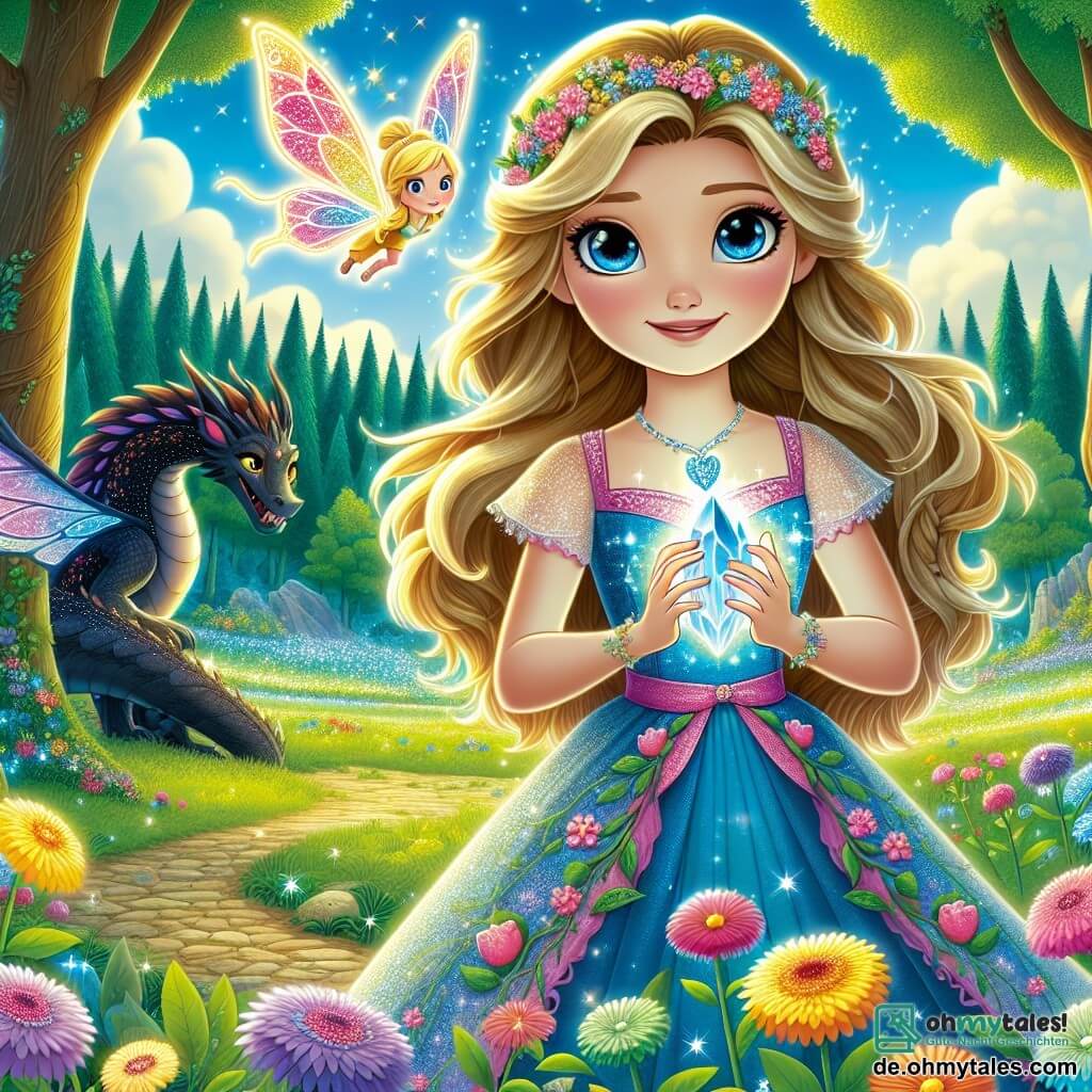 Eine junge Frau namens Lila, mit langen goldenen Haaren und funkelnden, neugierigen Augen, steht im Zentrum einer wunderschönen Lichtung im Glimmerwald. Sie trägt ein buntes, mit Blumen verziertes Kleid und zeigt ein entschlossenes Lächeln, während sie einen leuchtenden Kristall in ihren Händen hält, der ihr Gesicht sanft erhellt. Neben ihr fliegt ein kleiner, leuchtender Schmetterling mit bunten Flügeln fröhlich um sie herum, symbolisiert Hoffnung und Magie. Im Hintergrund beobachtet ein großer Drache mit dunklen Schuppen, aber weiser und wohlwollender Augen, die Szene und ist bereit, Lila und ihr Königreich zu beschützen. Die Lichtung ist von hohen Bäumen mit leuchtend bunten Blättern umgeben, während auf dem Boden strahlend bunte Blumen blühen und eine verzauberte Atmosphäre schaffen. Der Himmel ist strahlend blau, mit fluffigen weißen Wolken, die die Magie des Moments unterstreichen. Lila ist bereit, die Kraft des Kristalls zu nutzen, um Freude und Farben in ihr Königreich zurückzubringen, während der Drache und der Schmetterling sie in ihrer heldenhaften Quest ermutigen.