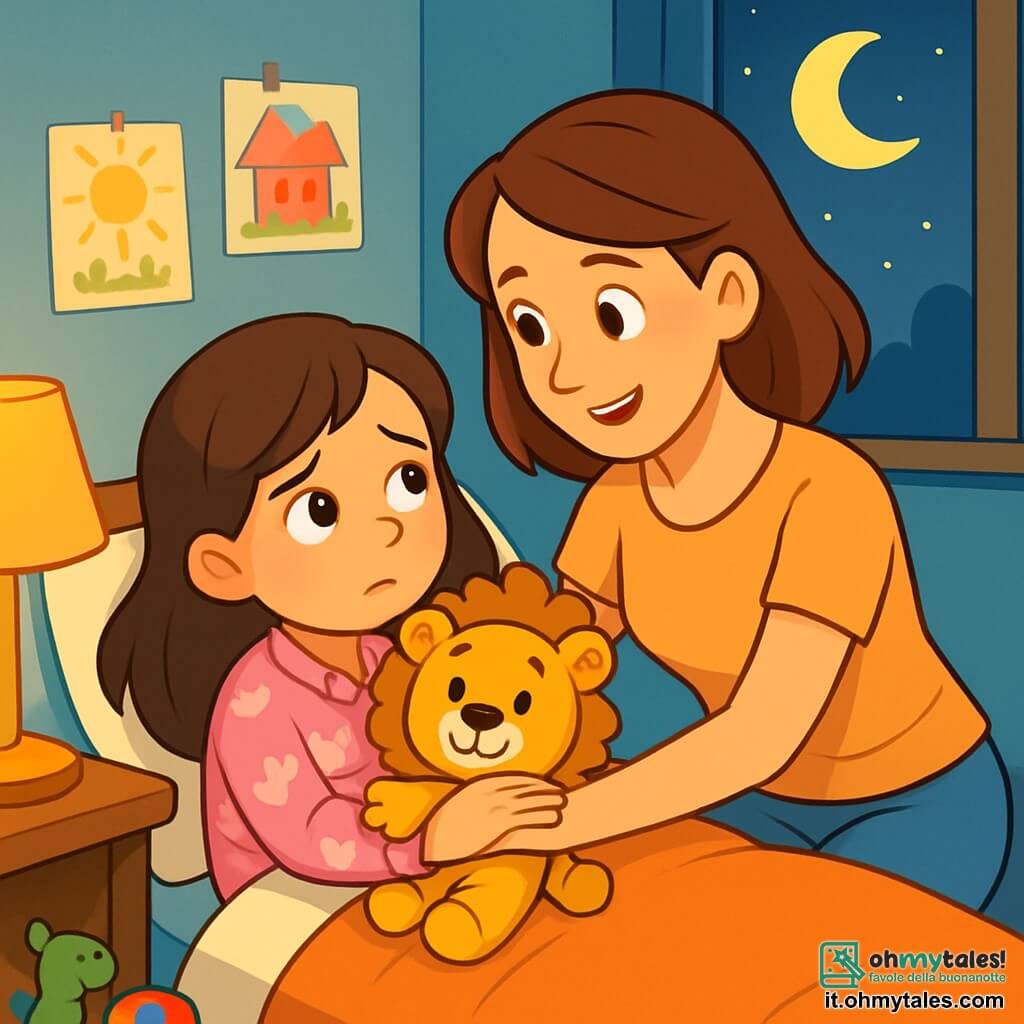 Una bambina di 6 anni, con lunghi capelli castani e occhi scintillanti, è sdraiata nel suo letto. Indossa un pigiama rosa decorato con gattini e ha un'espressione curiosa e un po' preoccupata. Stringe forte il suo peluche, un leoncino di nome Leo, con pelliccia dorata e un grande sorriso amichevole. Accanto a lei, sua madre, una donna di circa trent'anni con capelli castani e un sorriso rassicurante, si china verso di lei. Indossa una maglietta leggera e pantaloni comodi, parlandole dolcemente e offrendole un abbraccio rassicurante. La scena si svolge in una cameretta accogliente, con pareti dipinte di azzurro chiaro, disegni colorati appesi e una piccola lampada notturna che diffonde una luce soffusa. I giocattoli sono sparsi sul pavimento e una finestra lascia entrare la luce della luna. La bambina, sebbene leggermente spaventata dai rumori della notte, inizia a sentirsi più coraggiosa grazie alle parole rassicuranti della madre, respirando profondamente e pronta ad affrontare le sue paure, tenendo il peluche Leo vicino a sé.