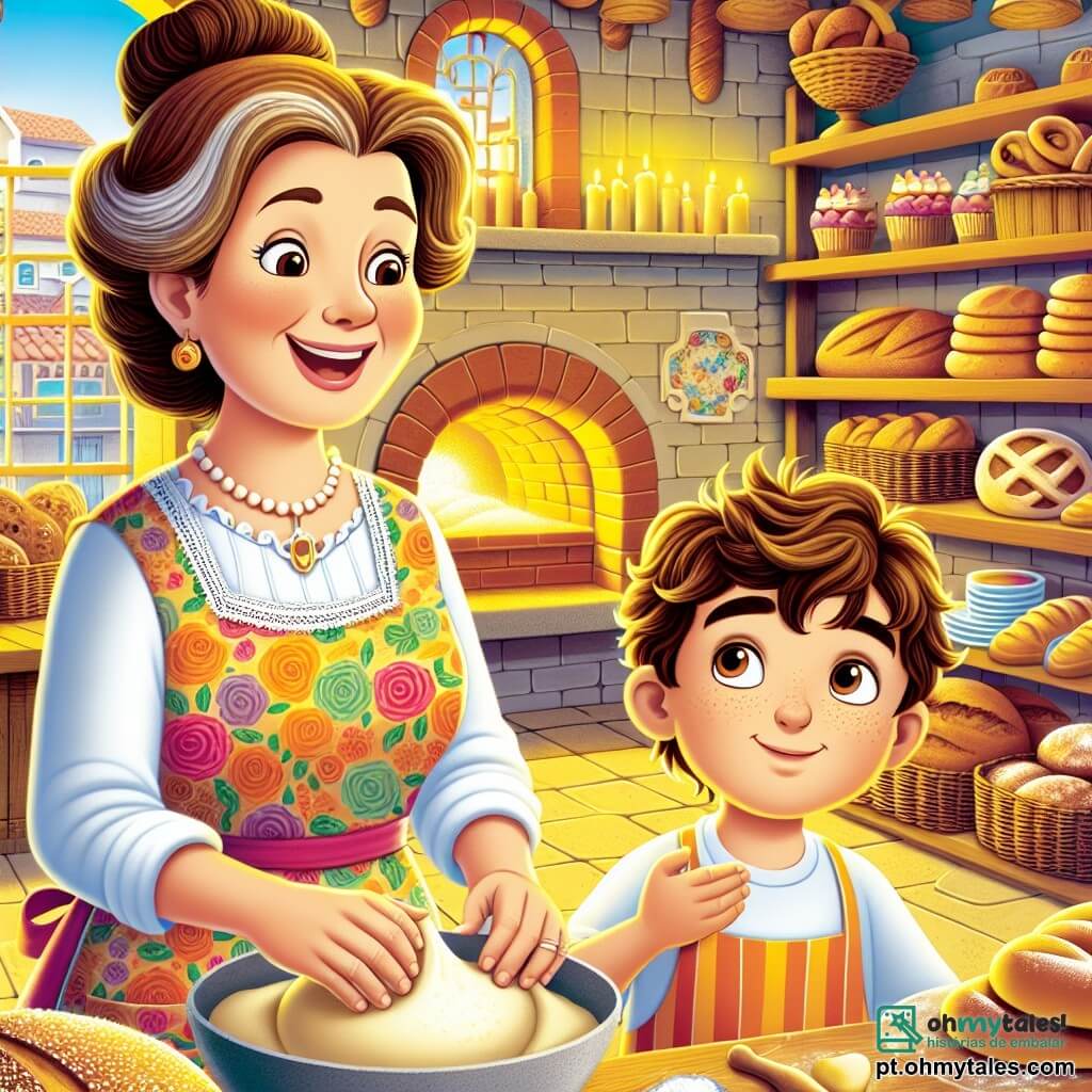 Dona Bia, uma mulher de cerca de cinquenta anos, sorridente e calorosa, está no centro da imagem. Ela tem cabelos castanhos levemente ondulados, presos em um coque, e usa um avental colorido com estampas de pães e bolos. Seus olhos brilham de alegria enquanto ensina um menino, Pedrinho, a amassar a massa. Pedrinho, um garoto de dez anos, tem cabelos castanhos bagunçados e olhos cheios de curiosidade. Ele está concentrado, com as mãos na massa e um sorriso maravilhado no rosto, ao lado de Dona Bia, absorvendo cada palavra. A cena acontece na Padaria dos Sonhos, uma boulangeria acolhedora com paredes amarelas e prateleiras cheias de pães dourados, bolos coloridos e biscoitos crocantes. Um grande forno de tijolos, onde o pão assa, está ao fundo, emitindo um calor suave. A situação principal mostra Dona Bia e Pedrinho amassando a massa juntos, cercados pelo aroma de pão fresco e felicidade, em uma atmosfera alegre e acolhedora, repleta de cores vivas e detalhes apetitosos, ilustrando a magia da padaria.