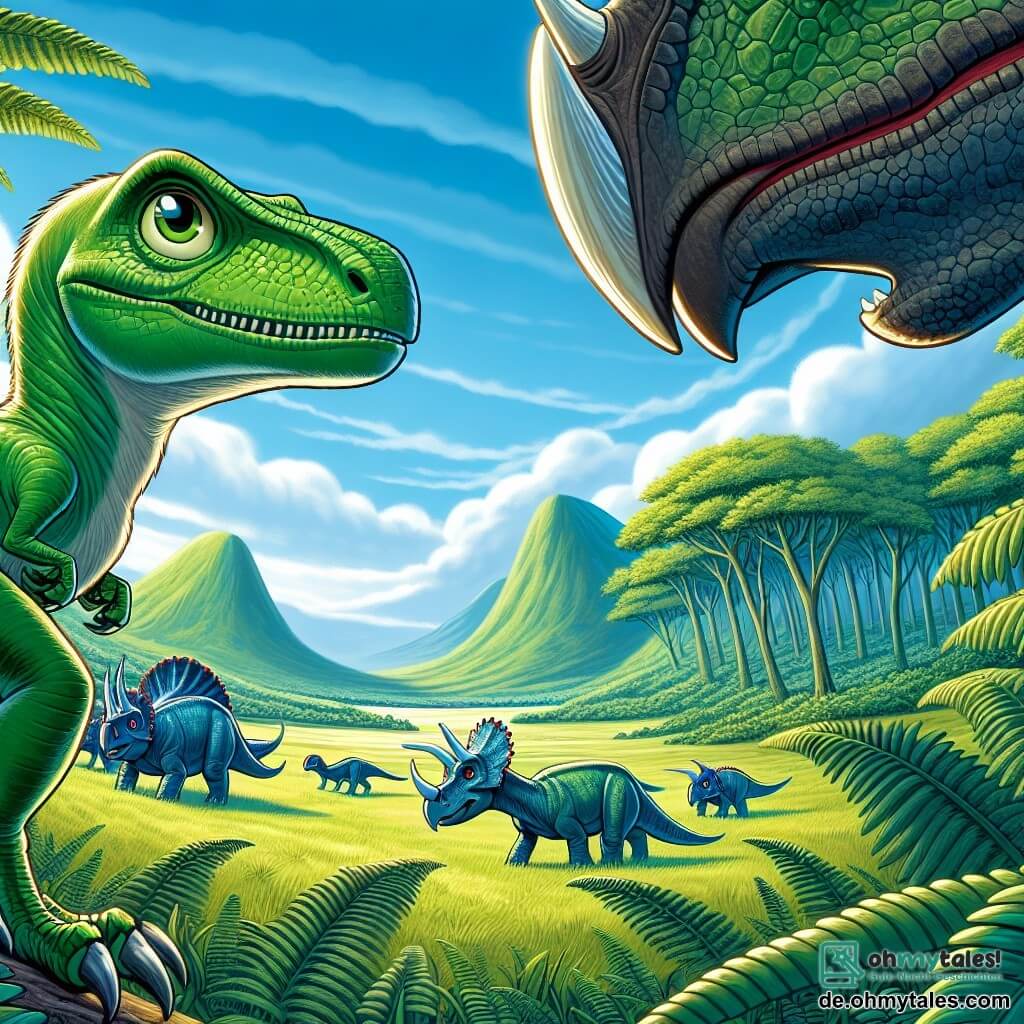 Ein Velociraptor namens Riko, mit glänzenden grünen Schuppen und mutigen Augen, steht im Zentrum des Bildes und schaut entschlossen eine Gruppe bedrohlicher großer Allosaurier an, die sich nähern. Riko ist in defensiver Haltung, bereit, seine Familie zu schützen. An seiner Seite steht ein Triceratops namens Taro, mit einem großen Horn und blauen Schuppen, der fest steht und eine Ausdruck von Tapferkeit und Solidarität zeigt. Im Hintergrund erstreckt sich eine weite grüne Ebene unter einem strahlend blauen Himmel, durchzogen von großen Farnen und einigen majestätischen Bäumen. Die Hauptsituation zeigt Riko und Taro, die sich darauf vorbereiten, ihr Territorium gegen die Allosaurier zu verteidigen, und illustriert einen Moment der Anspannung und des Mutes, in dem Freundschaft und Solidarität zwischen den Dinosauriern durch die Gefahr hindurch leuchten.