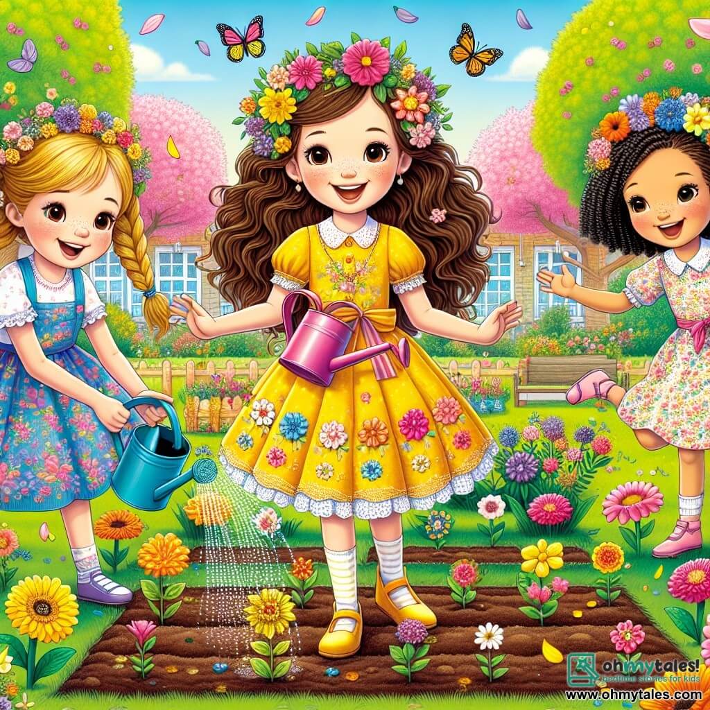 In the foreground, Mia, a 10-year-old girl with curly brown hair and a bright smile, is wearing a yellow dress adorned with flowers as she plants seeds in a small garden. Next to her, Sophie, also 10, has braided blonde hair and is wearing a colorful blouse. She holds a watering can, watering the flowers that are starting to grow. A little further away, Lila, a 10-year-old girl with black hair and a flower crown, is joyfully dancing while holding colorful petals in her hands. The garden is located in the schoolyard, surrounded by tall flowering trees in vibrant colors, with butterflies flying around. The ground is dotted with bright flowers, and the sky is a clear blue with a few fluffy white clouds. The main scene shows the three friends having fun together, celebrating the arrival of spring by planting flowers and tossing colorful petals, creating a joyful and festive atmosphere.