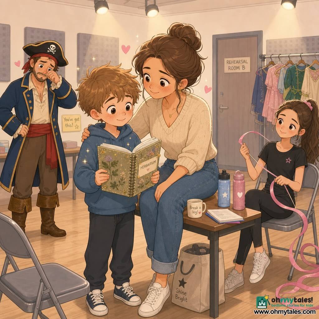 A 10-year-old boy with a round, freckled face and messy light brown hair, proud yet shy, holds a thick glitter-covered notebook and offers it to his mother while reading softly; the mother, about 35–40, with brown hair in a loose bun, a tender smile and bright eyes, sits on the edge of a rehearsal table, leaning toward him with her hand on his shoulder; an adult man in a pirate costume wipes a discreet tear in the left background, and a teenage girl to the right plays with a pink ribbon, watching tenderly from a folding chair; the simple rehearsal room has a light wood floor, gray folding chairs, wall acoustic panels, a table with water bottles and a "REHEARSAL ROOM B" sign on the door, soft warm lighting from small stage lamps creating round halos, colorful costumes on a rack, and the scene shows the boy giving a handmade herbarium and reading a short poem in a calm, tender moment with small stylized hearts and sparkles around them.