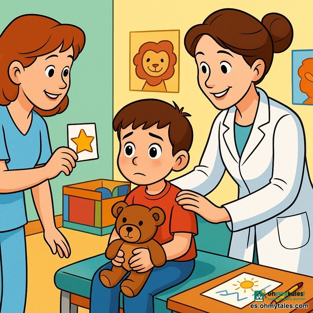 Un niño de 6 años, Tomás, mira algo inquieto pero valiente; cabello castaño corto, ojos avellana, mejilla algo roja, sentado en una pequeña camilla sujetando su peluche Pete. La doctora Clara, unos 35 años, sonríe con dulzura; lleva bata blanca y el pelo en moño suelto, ilumina el brazo de Tomás con una linterna médica y apoya la mano en su hombro a la derecha. La enfermera Ana, unos 30 años, muestra expresión amable y ofrece una hoja de pegatinas de estrellas desde la izquierda junto a una silla colorida. El peluche Pete, osito marrón de nariz cosida, está en sus piernas. La sala es luminosa y colorida, con paredes verde menta y amarillo pálido, pósteres de animales sonrientes, caja de juguetes y una mesa con lápices y dibujos. Momento tranquilo de examen médico: gestos suaves, sonrisa reconfortante, pegatina lista como recompensa y un cuaderno con ejercicios simples; ambiente cálido y seguro.