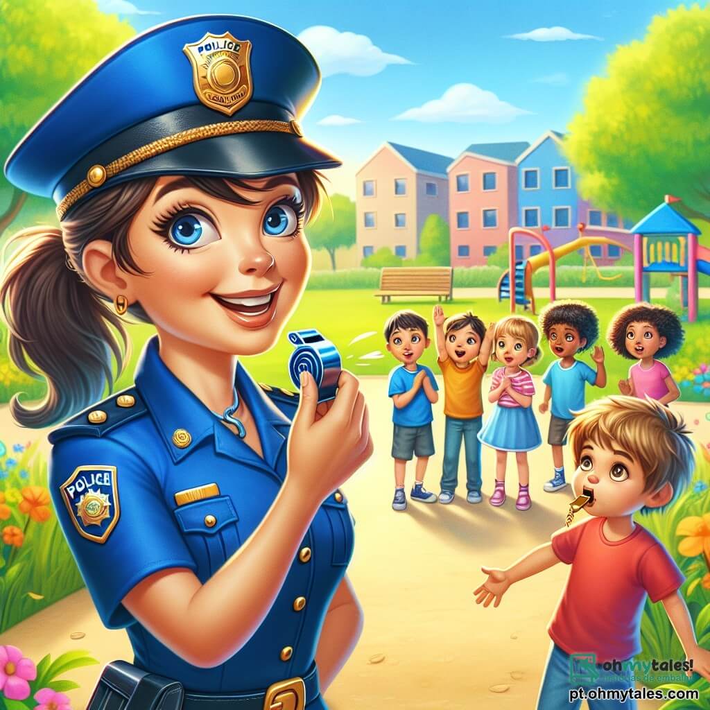 Uma policial sorridente, com um uniforme azul vibrante e um grande chapéu, está no centro da imagem, mostrando uma expressão alegre e amigável. Ela tem cabelos castanhos presos em um rabo de cavalo e segura um apito brilhante na mão. Ao lado dela, um garoto de 6 anos chamado Lucas, com cabelos loiros bagunçados e uma camiseta vermelha, sopra no apito com um grande sorriso, os olhos brilhando de excitação. Ao fundo, um grupo de cinco crianças, com idades entre 5 e 7 anos, observa maravilhado, alguns levantando a mão para fazer perguntas. A cena acontece em um parque ensolarado, com árvores verdes exuberantes, flores coloridas e um céu azul claro. Brinquedos infantis são visíveis ao longe, acrescentando uma atmosfera alegre. A situação principal mostra a policial Ana explicando às crianças como atravessar a rua com segurança, com gestos claros e envolventes, enquanto Lucas se diverte usando o apito, criando uma atmosfera de camaradagem e aprendizado.