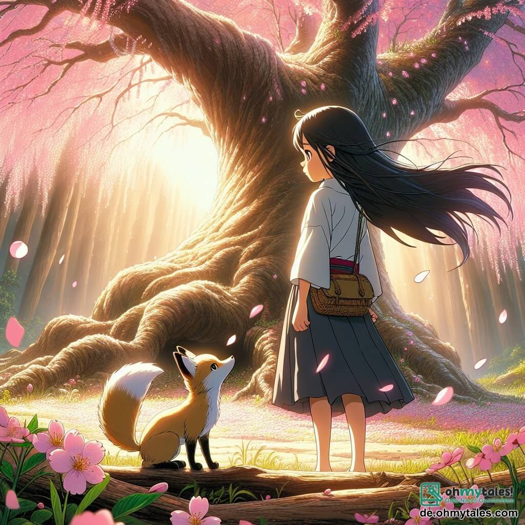 Aiko, ein 12-jähriges Mädchen, steht vor einem majestätischen Kirschblütenbaum, ihre langen schwarzen Haare wehen sanft im Wind. Sie hat glänzende, entschlossene Augen und ihr Gesicht drückt tiefe Konzentration aus, während sie sich darauf vorbereitet, dem geheimnisvollen Geist des Baumes zu begegnen. Neben ihr beobachtet ein kleiner, goldener Fuchs mit weißem Schwanz, der neugierig und ermutigend wirkt, sie mit schelmischen Augen. Der Ort ist eine verzauberte Lichtung, in der sanftes Licht strahlt und die rosa Blütenblätter wie Schnee fallen. Der Boden ist mit einem Teppich aus Blumen und Blättern bedeckt, und Sonnenstrahlen brechen durch die Äste, was eine magische und friedliche Atmosphäre schafft. Aiko, voller Mut, nähert sich dem Stamm des Kirschblütenbaums, bereit, den weisheitsvollen Geist um Rat zu fragen. Die Blütenblätter tanzen um sie herum und verleihen diesem entscheidenden Moment ihres Abenteuers einen Hauch von Märchenhaftigkeit.