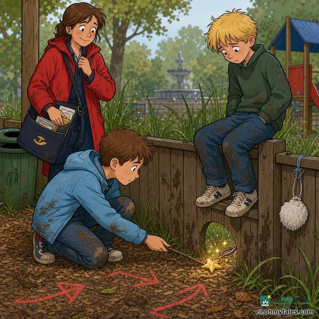 De hoofdpersoon is een jongen van ongeveer 10 jaar met kort bruin haar, een lichtblauwe licht stoffige jas en vuile knieën; hij zit gehurkt, kalm geconcentreerd, en steekt met een klein stokje door een gat in het gaas om een glanzende gouden sterrenmedaille naar zich toe te schuiven. Belangrijk secundair personage is Noor, de postbezorgster van 30–40 jaar in een rode jas met een open tas, licht verlegen maar opgelucht, staand iets achter en links van de jongen en kijkend naar de medaille. Een andere secundaire is een ongeveer 11-jarige jongen, de dief, met warrig blond haar en een groene modderige trui, zittend op de houten reling rechts met handen in de zakken en schaamtevol neerziend. De plek is een kleine speelplaats aan de rand van een park met houtsnippers, een houten reling met een gat in het gaas, hoog en nat gras, rode krijtpijlen op de grond, een groene prullenbak en een vage fontein op de achtergrond. De scène is een ontdekking: de medaille glinstert met warme reflecties terwijl hij voorzichtig wordt naar zich toe geschoven; modderdruppels op het gaas en een wit pluimpje aan een touwtje geven aanwijzingen.