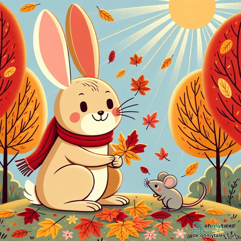 Ein kleiner fröhlicher Hase mit hellbraunem Fell und großen Ohren sammelt bunte Herbstblätter und lächelt dabei. Er trägt ein rotes Halstuch und sitzt im Gras. Neben ihm schaut eine kleine graue Maus mit funkelnden Augen und einem kleinen Schwanz neugierig auf die Blätter, während sie ein orangefarbenes Blatt in ihren Pfoten hält. Der Hintergrund ist ein Herbstpark mit Bäumen in leuchtenden Rot-, Gelb- und Orangetönen und einem klaren blauen Himmel. Sonnenstrahlen filtern durch die Äste und beleuchten den mit Blättern bedeckten Boden. Die Hauptsituation zeigt den Hasen und die Maus, die Spaß daran haben, ein Collage aus bunten Blättern zu erstellen, umgeben von der Schönheit der herbstlichen Natur, voller Freude und Freundschaft.