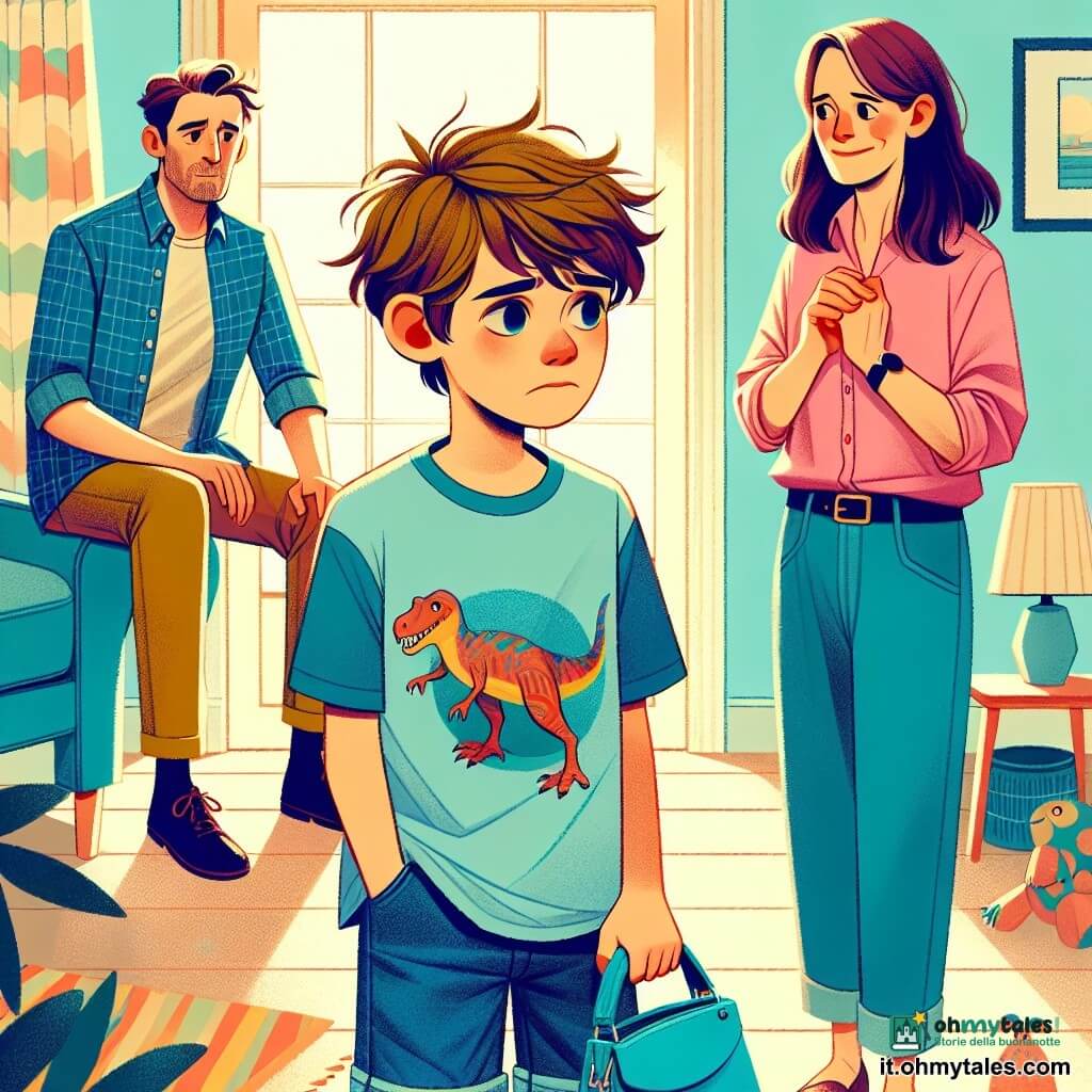 Un ragazzo di 12 anni, Tommaso, con capelli castani e leggermente arruffati, occhi brillanti e un'espressione malinconica, si trova al centro dell'immagine. Indossa una maglietta blu con un dinosauro e un pantaloncino di jeans, tenendo una borsa azzurra tra le mani, guardando pensieroso il pavimento. Accanto a lui, sua madre, una donna di circa 35 anni, con capelli lunghi e castani, vestita con una blusa rosa, si accovaccia per parlargli dolcemente, una mano sulla sua spalla, mostrando un sorriso rassicurante. Un po' più in là, suo padre, un uomo di circa 40 anni, con capelli corti e una leggera barba, è in piedi con le braccia incrociate, con un'espressione seria ma benevola, guardando suo figlio con attenzione. La scena si svolge in un soggiorno luminoso, con pareti dipinte di giallo pastello, giocattoli sparsi sul pavimento e una grande finestra che fa entrare la luce del sole, illuminando la stanza. Sullo sfondo, si intravede un divano comodo e un tavolino con libri e matite. La situazione principale mostra Tommaso, diviso tra tristezza e speranza, che ascolta attentamente i suoi genitori che gli spiegano la loro separazione, mentre un'atmosfera calda e dolce avvolge la stanza.