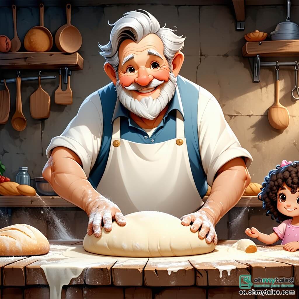 Un hombre mayor, Don Pancracio, sonriente y cálido, con cabello gris y un bigote espeso, está detrás de una gran mesa de madera, amasando una masa de pan. Lleva un delantal blanco ligeramente espolvoreado de harina, y sus ojos brillan de alegría y pasión por su oficio. A su lado, una niña de 8 años, Julia, con cabello castaño y rizado, observa con asombro, con las manos en las caderas, ansiosa por aprender. Ella lleva una camiseta colorida y un pequeño delantal de tela con flores. El lugar es una encantadora panadería, con paredes de ladrillo rojo, estanterías de madera llenas de panes dorados y crujientes, y una gran ventana que deja entrar la luz del sol, iluminando la escena con una suave calidez. La situación principal muestra a Don Pancracio enseñando a los niños el arte de la panadería, mientras se divierten amasando la masa, rodeados de una nube de harina, con risas y estallidos de alegría en el aire.