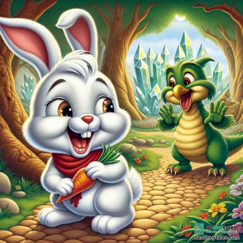 Im Zentrum des Bildes sitzt ein kleiner Hase namens Felix mit großen flauschigen Ohren und strahlend weißem Fell, der laut lacht, seine Augen funkeln vor Schalk. Er trägt ein rotes Halstuch und hält eine Karotte in seinen Vorderpfoten, bereit, einen seiner berühmten Witze zu erzählen. Neben ihm sitzt eine weise alte Eule mit goldenen Federn, die auf einem Ast sitzt und freundlich lächelt, ihre runden, glänzenden Augen spiegeln den Spaß wider. Im Hintergrund lacht ein grüner Drache mit schimmernden Schuppen, seine großen Flügel an seinen Körper angelegt, vor einer Höhle, die mit bunten Kristallen geschmückt ist, die im Sonnenlicht funkeln und der Szene einen magischen Touch verleihen. Der Ort ist eine wunderschöne verzauberte Lichtung, umgeben von Zuckerstangenbäumen und bunten Blumen, die im Wind tanzen und eine fröhliche, märchenhafte Atmosphäre schaffen. Die Hauptsituation zeigt Felix und seine Freunde, die Witze teilen und zusammen lachen, ihre Freundschaft und ihren Sieg über den Drachen feiernd, in einer Atmosphäre von Kameradschaft und Freude.