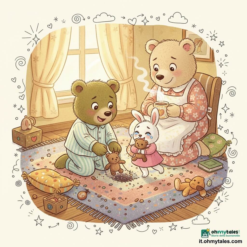 Il protagonista è un piccolo orso antropomorfo di nome Berto, pelliccia bruna soffice, pigiama a righe pastello, volto sollevato e gioioso, inginocchiato sul tappeto mentre tira fuori un orsacchiotto polveroso dalle fibre; la mamma è una grande orsa crema dai tratti dolci, vestito a fiori e grembiule, sorriso caldo, seduta accanto a Berto offrendo una tazza di cacao fumante con sguardo benevolo; Nina è una piccola coniglietta bianca dalle lunghe orecchie cadenti, vestito rosa, occhi lucidi di gioia, abbraccia l'orsacchiotto saltellando vicino a Berto; la scena è un salotto accogliente con grande tappeto colorato e fibre visibili, cuscini impilati, luce dorata dalla finestra con tende leggere, pavimento in legno e giocattoli sparsi; situazione principale: momento di ritrovamento, la peluche perduta scoperta tra le fibre del tappeto, tutti raccolti in cerchio con espressioni di sollievo e tenerezza, atmosfera dolce e rassicurante.