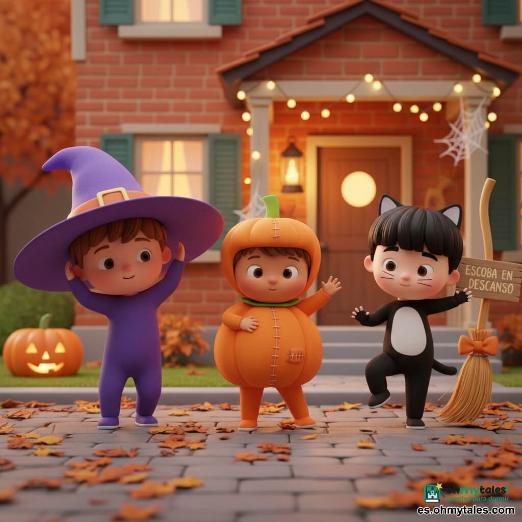 Hay tres niños: Tomás, 3 años, piel clara, cabello castaño despeinado, con un gran sombrero de bruja violeta que le cubre una oreja; Bruno, 3 años, piel morena, disfraz acolchado de calabaza naranja; Leo, 3 años, delgado, pelo negro corto, disfrazado de gato negro con bigotes de papel blancos. Están en una calle de barrio decorada para Halloween de noche: empedrado con hojas crujientes, casas de ladrillo con porches iluminados por linternas de calabaza y guirnaldas, y una vieja escoba apoyada con un lazo naranja y un letrero “Escoba en descanso”. Los tres bailan suavemente frente a la casa de una bruja amable: hacen el gesto de “buenas noches” tocándose la cabeza, giran lentamente como hojas, muestran los dedos en forma de estrellas, mientras la escoba se inclina como para saludar; ambiente cálido, colores naranja, violeta y amarillo, luz suave y sensación segura y alegre.