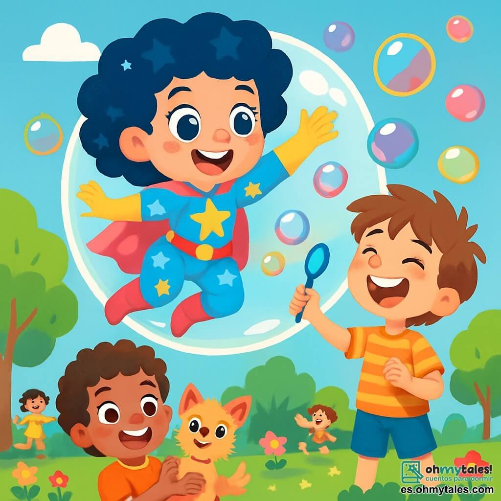 Superpompón, una mujer heroica con cabello rizado y brillante, lleva un traje colorido con patrones de nubes y estrellas. Tiene una gran sonrisa alegre y ojos chispeantes, flotando en el aire sobre una burbuja gigante. Junto a ella, Superburbuja, un niño de unos 8 años, tiene el cabello desordenado y lleva una camiseta a rayas. Crea burbujas de colores que bailan a su alrededor, riendo con entusiasmo. Más abajo, Superrizo, un niño de 7 años con cabello rizado, observa con una gran sonrisa, sosteniendo a su pequeño chihuahua de pelaje alborotado en sus brazos. La escena se desarrolla en un parque soleado, lleno de árboles verdes, flores brillantes y un cielo azul claro. Los niños juegan y se divierten a su alrededor, sumando a la atmósfera alegre. La situación principal muestra a Superpompón y Superburbuja flotando en una burbuja gigante, rodeados de burbujas de colores, mientras Superrizo los anima desde el suelo, todos riendo juntos en un momento de pura felicidad.