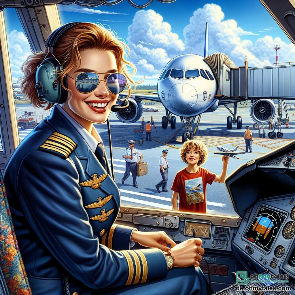 Eine Pilotin, Lisa, sitzt im Cockpit eines Flugzeugs mit einem großen Lächeln im Gesicht, die kastanienbraunen Haare zu einem Pferdeschwanz gebunden. Sie trägt einen blauen Pilotenanzug mit goldenen Abzeichen und Sonnenbrille, konzentriert auf die Steuerung des Flugzeugs. Draußen steht ein etwa 8-jähriger Junge namens Max nahe dem Zaun des Flugplatzes, mit weit aufgerissenen Augen vor Staunen, und hält ein kleines Flugzeugmodell in seinen Händen. Er hat zerzauste blonde Haare und trägt ein rotes T-Shirt mit einem Flugzeugmotiv. Der Ort ist ein sonniger Flughafen mit strahlend blauem Himmel und sanft schwebenden weißen Wolken. Im Hintergrund sind andere Flugzeuge auf dem Rollfeld geparkt und Techniker beschäftigt. Die Hauptsituation zeigt Lisa, die bereit ist, mit ihrem Flugzeug abzuheben, während Max sie bewundernd beobachtet und davon träumt, ebenfalls Pilot zu werden. Die Illustration fängt die Aufregung und das Abenteuer des Moments mit lebhaften Farben und fröhlichen Details ein.
