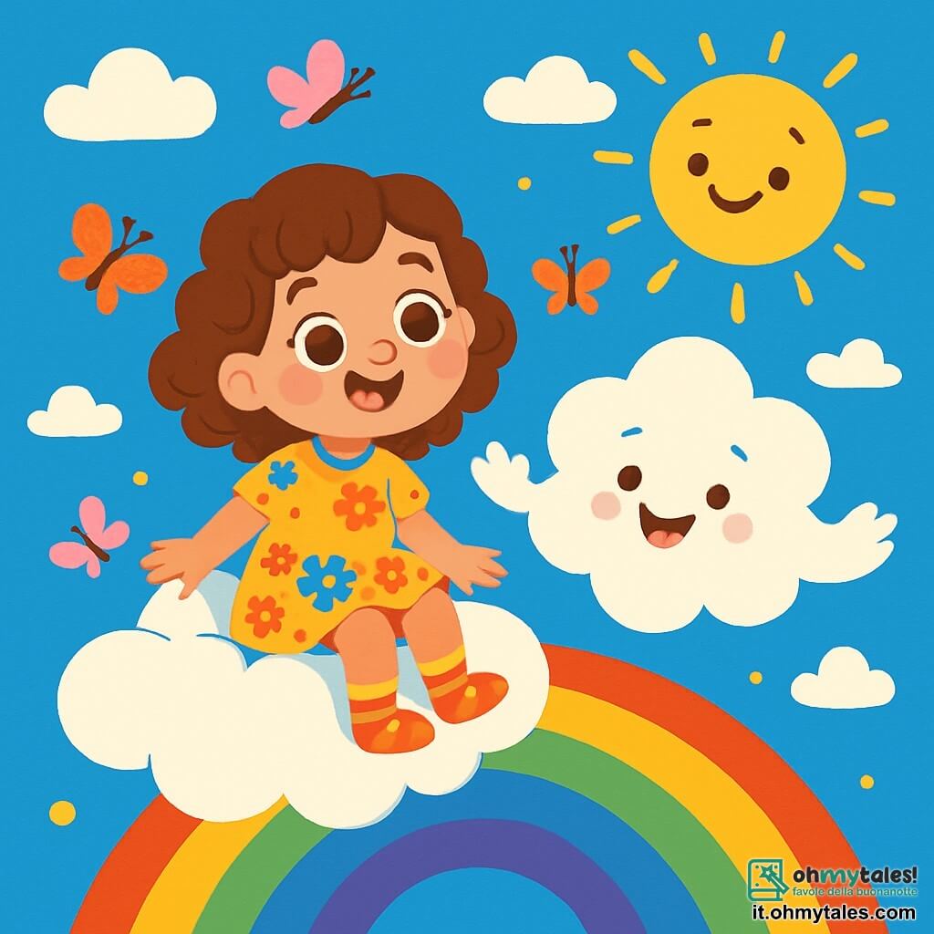 Una bambina di 4 anni, Mia, con grandi occhi brillanti e capelli ricci castani, sorride meravigliata mentre è seduta su un cuscino volante a forma di nuvola. Indossa un vestito colorato con motivi floreali e calze a righe. Accanto a lei, una nuvola morbida e pelosa, chiamata Sofì, ha un'espressione gioiosa e giocosa, fluttuando con braccia a forma di onde, come se stesse ballando nel cielo. Il cielo è di un blu brillante, punteggiato di nuvole bianche e dal sole dorato che splende, mentre farfalle colorate danzano attorno a loro, aggiungendo un tocco di magia alla scena. Mia e Sofì stanno volando sopra un arcobaleno splendente, che si estende maestoso sotto di loro, con colori vivaci e scintillanti. I raggi di sole, sotto forma di piccoli riflessi dorati, li circondano, creando un'atmosfera gioiosa e ludica.