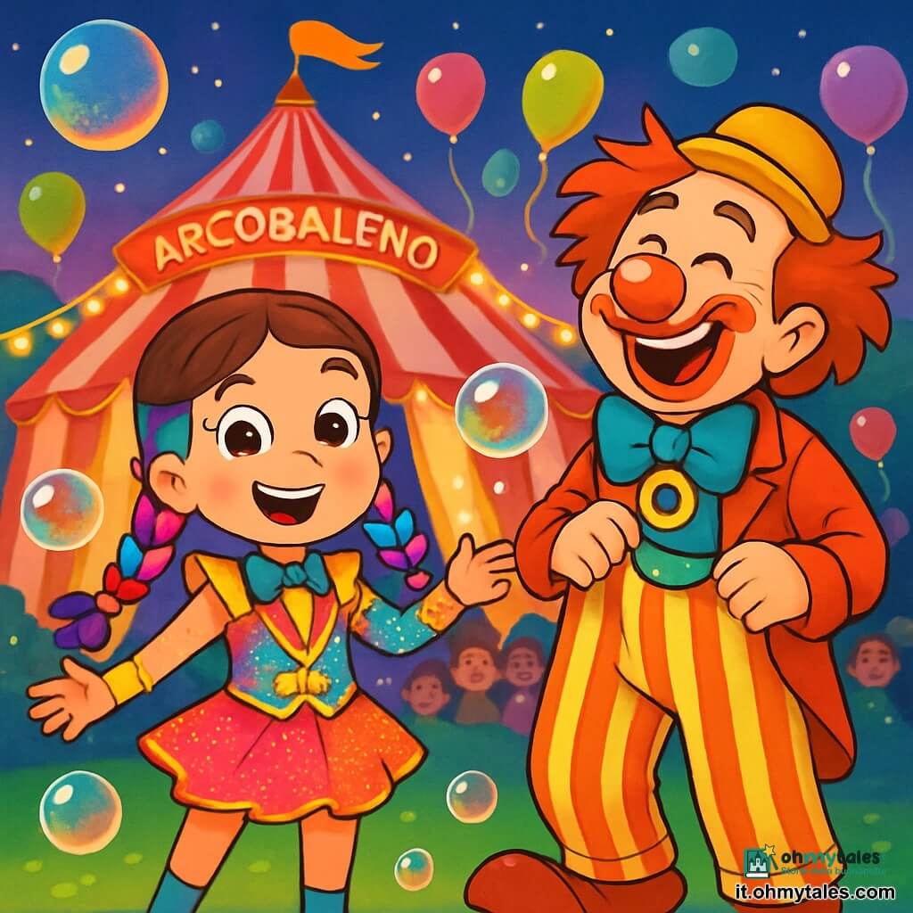 Una ragazza di 8 anni, Olivia, con occhi scintillanti e capelli intrecciati e colorati, si trova al centro della scena, sorridente e piena di entusiasmo. Indossa un costume da piccola assistente di circo, decorato con paillettes brillanti e colori vivaci. Accanto a lei, un clown di nome Gigio, di circa 30 anni, con un grande naso rosso e capelli arruffati, ride tenendo un costume a righe, pronto a entrare in scena. Sullo sfondo, il circo Arcobaleno è illuminato da luci brillanti, con tende a righe rosse e bianche, palloncini colorati che fluttuano nell'aria e spettatori meravigliati. La scena mostra Olivia e Gigio mentre preparano un numero di circo, circondati da bolle di sapone giganti che fluttuano intorno a loro, creando un'atmosfera magica e gioiosa.
