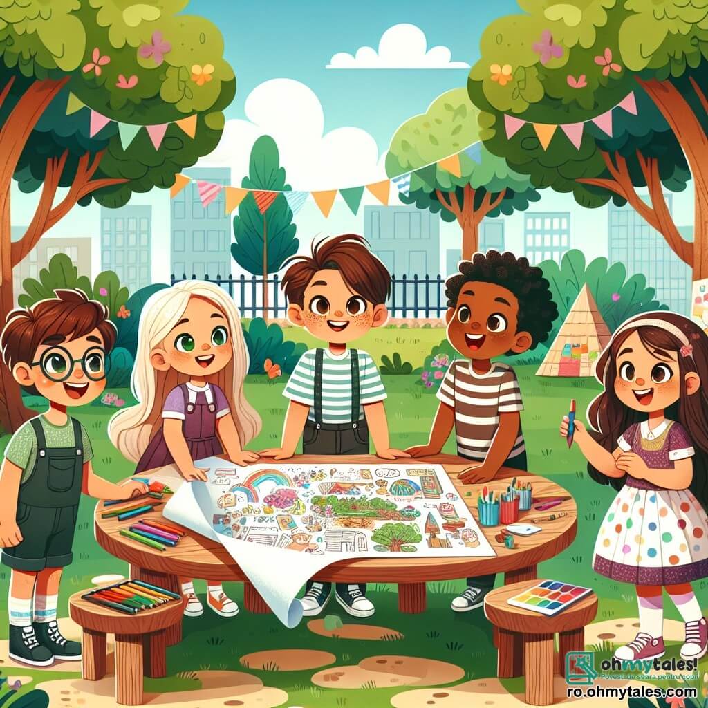 Într-un parc însorit, cinci copii sunt adunați în jurul unei mese mari din lemn, decorată cu desene colorate și materiale de artă. **Andrei**, un băiat de 10 ani cu părul brun și ochelari, zâmbește ținând un mare hârtie pe care a desenat un plan pentru un eveniment. El stă în picioare în stânga mesei. **Mihai**, un băiat de 9 ani cu părul blond și ochi strălucitori, este așezat pe un scaun, cu mâinile ridicate în aer, entuziast să își împărtășească ideile. **Radu**, un băiat de 10 ani cu părul negru și pistrui, se apleacă peste masă, concentrat pe un desen de joc pe care îl face cu creioane colorate. **Vlad**, un băiat de 9 ani cu părul castaniu și ochelari, este așezat în dreapta, discutând cu o fată, zâmbind. **Ana**, o fată de 10 ani cu părul lung brun și o rochie colorată, stă în picioare lângă Vlad, ținând un marker și adăugând idei la plan. Parcul este plin de verdeață, cu copaci măreți și flori colorate care dansează în vânt. În fundal se vede un teren de joacă cu leagăne și un tobogan. Copiii discută vesel despre proiectul lor pentru o zi de jocuri, unde vor să adune toți colegii lor, băieți și fete, pentru a celebra prietenia și egalitatea de gen.