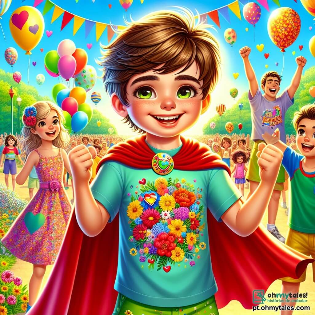 Um menino de 6 anos, Lucas, está no centro da imagem, com um grande sorriso e olhos brilhantes de alegria. Ele usa uma capa vermelha flutuante e uma camiseta colorida com o slogan "Juntos somos mais fortes!" escrito em letras alegres. Seus cabelos castanhos estão bagunçados e ele levanta os braços, como um super-herói, cercado por seus amigos. À sua direita, uma menina de 6 anos, Sofia, veste um vestido rosa com estampas de flores. Ela sorri amplamente e segura um cartaz colorido com corações, mostrando seu apoio. À esquerda, um menino de 6 anos, Pedro, usa uma camiseta azul e um short verde. Ele faz um gesto de vitória com os punhos cerrados, exibindo uma expressão determinada. A cena ocorre em um parque ensolarado, repleto de flores vibrantes e balões coloridos flutuando no ar. Famílias estão reunidas ao redor, com crianças brincando e rindo, criando uma atmosfera alegre e festiva. A situação principal mostra Lucas e seus amigos celebrando um evento de conscientização, onde compartilham suas histórias de coragem e esperança, unidos como verdadeiros super-heróis em sua luta contra a doença.