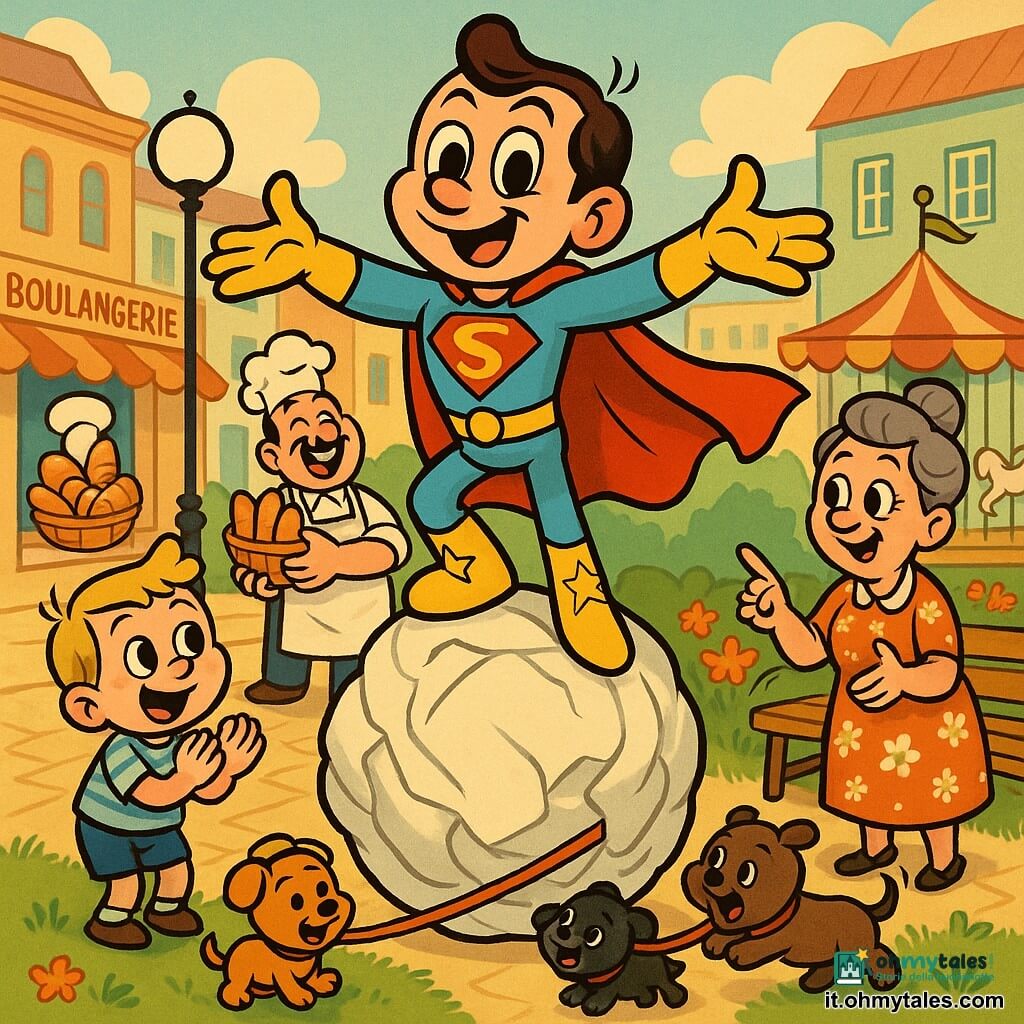 Un supereroe sorridente e sicuro in costume azzurro lucido con grande mantello rosso e stivali gialli con stelle, in posa fiera su una enorme palla di carta, espressione gioiosa e occhi brillanti; a sinistra Leo, bambino di circa 5 anni con maglietta a righe blu e capelli biondi, osserva ammirato e applaude in piedi sull'erba; a destra Madame Gina, donna dai capelli grigi raccolti in chignon e vestito a fiori, indica la palla sorridendo preoccupata vicino a una panchina; dietro il protagonista un fornaio di circa 40 anni con grembiule bianco e toque tiene un cesto di pane ridendo; in primo piano due cani piccoli, uno marrone e uno nero, tirano dolcemente una lunga corda tenuta dai bambini che ferma la palla; piazza cittadina colorata con sampietrini beige, lampioni rotondi, aiuole di fiori rossi, un carosello sullo sfondo e case pastello; scena allegra e sicura, palette vivace, contorni neri spessi, texture lisce ed espressioni esagerate.