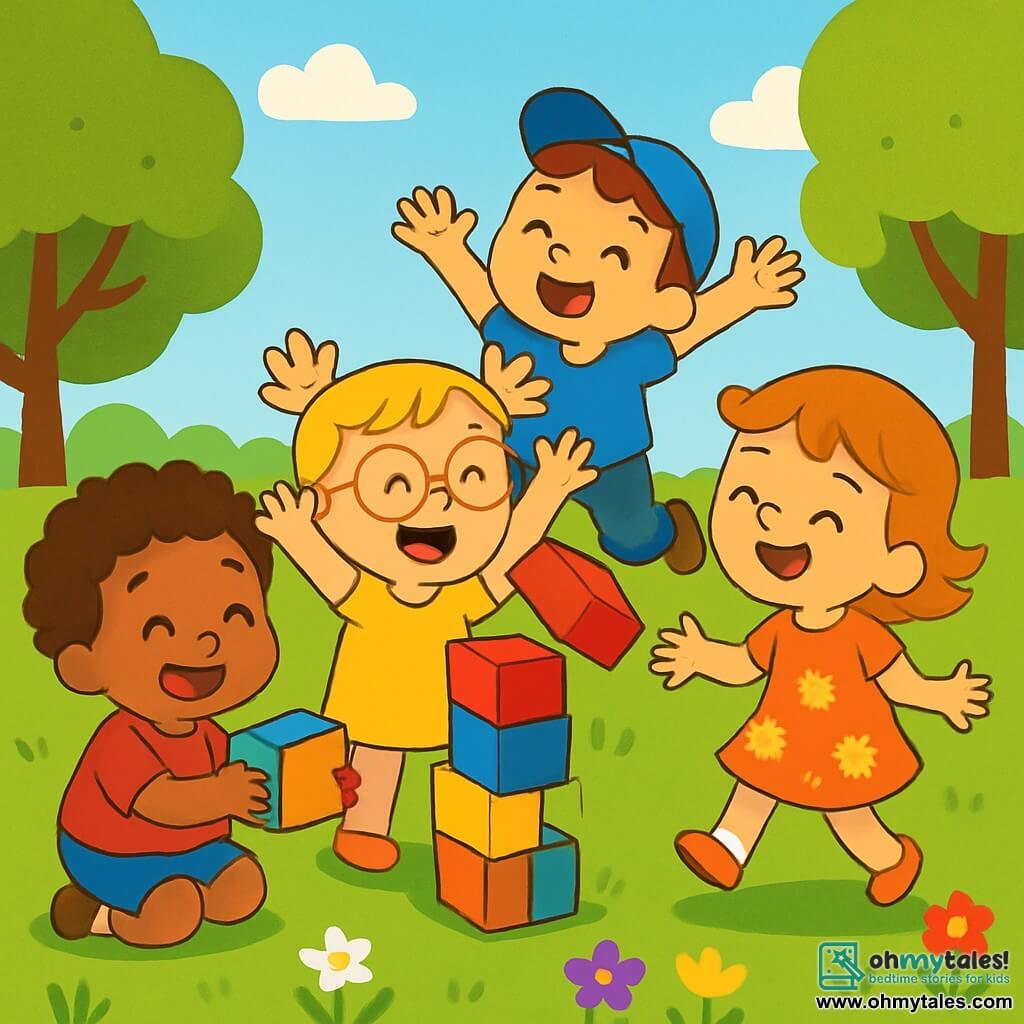 A 2-year-old boy named Sam, with curly hair and a big joyful smile, is crouched on the green grass, holding a large colorful block in his small hands. Next to him, Mia, a 2-year-old girl with blonde hair and pink glasses, is laughing with her arms raised, ready to add another block to the tower. Ben, a 2-year-old boy with brown hair and a blue cap, is jumping happily with his arms in the air just behind them. Lily, a 2-year-old girl with red hair and a flower dress, is singing while swaying from foot to foot, a big smile on her face. The scene takes place in a sunny park with green trees and colorful flowers, under a clear blue sky with fluffy white clouds. The main situation shows the friends building a tower of colorful blocks, laughing and having fun together, while the tower starts to wobble, ready to fall, causing bursts of laughter and amused expressions on their faces.