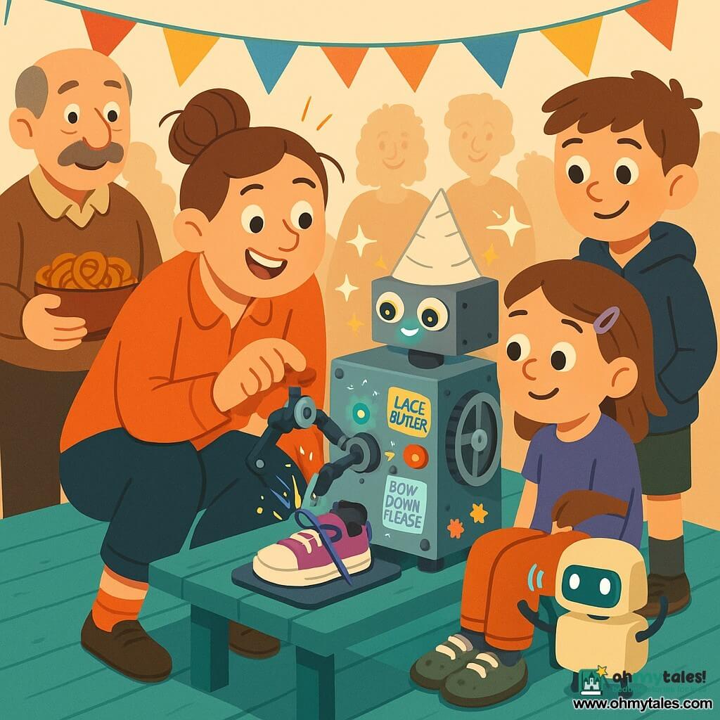 Smiling female inventor (adult) with a messy bun and mismatched socks crouches behind a small googly-eyed machine, pressing a button as it carefully ties a shoelace; nearby Mr. Puddle (about 60) with a mustache holds a bowl of pretzels, amused, while an 8-year-old girl with purple hair clips sits on a stool, amazed as her shoes are tied, and a 7-year-old boy with muddy sneakers stands behind, pleased; a toaster-sized cream metal assistant robot BEEP with blue LED eyes flashes joyful signals on the right, and the “Lace Butler” — a small metal box with rubber pinchers, a turning wheel, mic, paper hat, colorful stickers and soft LED eyes — operates on a turquoise fair table under colorful bunting and banners reading “FREE SHOELACE TYING (PLUS COMPLIMENTS),” the festive outdoor fair scene full of a joyful crowd, brass band music, precise machine gestures and sparkling graphic compliments.