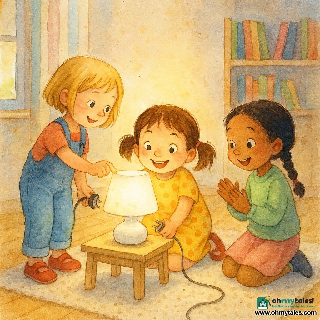 Three girls: Mia, 6, brown pigtails and a yellow polka-dot dress, crouched center plugging a lamp into the wall; Zoe, 5, short blonde hair in blue overalls and red shoes, left of Mia pressing the lamp button with a hopeful smile; Lila, 6, braided black hair in a light green sweater and pink skirt, kneeling on the right, watching and gently applauding. They are in a cozy bright living room with light wood floors, a cream speckled rug, a small light-wood table with a white porcelain lamp, a window with pastel striped curtains and a bookshelf in the background; the three little detectives examine the lamp as a soft light begins to glow and they share joyful, conspiratorial expressions.