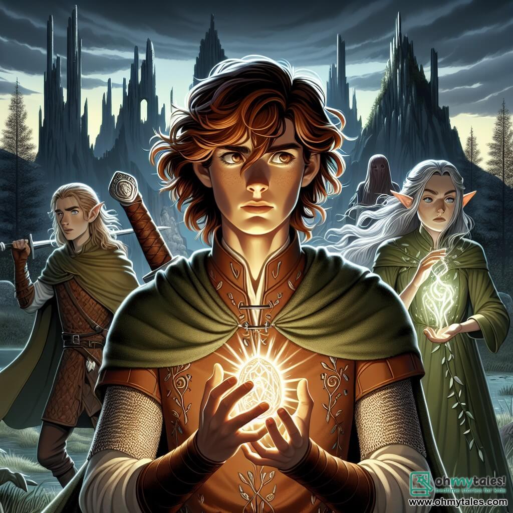 In the foreground, a young man named Finnick, eighteen years old, stands courageously at the center of the scene. He has chestnut hair and shifting eyes that reflect the sunlight; his determined face reveals an emotion of bravery and hope. He wears a brown leather tunic adorned with natural patterns and holds a glowing amulet in his hand, emitting a soft light. To his right, Kaelin, a twenty-year-old agile swordswoman with long silver hair flowing in the wind, is in a combat stance, ready to defend Finnick with an expression of intense focus. To his left, Arin, a hundred-year-old elf with delicate features and pointed ears, is dressed in a green robe decorated with leaves and uses his magic to conjure a spell, his hands illuminated by a mystical light. The scene takes place in the heart of the Shadow Kingdom, where a large ruined castle looms in the background, its spires silhouetted against a stormy sky. Threatening shadows rise around them, creating an atmosphere of tension and mystery. The main situation shows Finnick, Kaelin, and Arin united against Malakar, an evil sorcerer, who challenges them with a storm of shadow creatures. The heroes stand ready to fight, determined to restore light to this darkened kingdom.