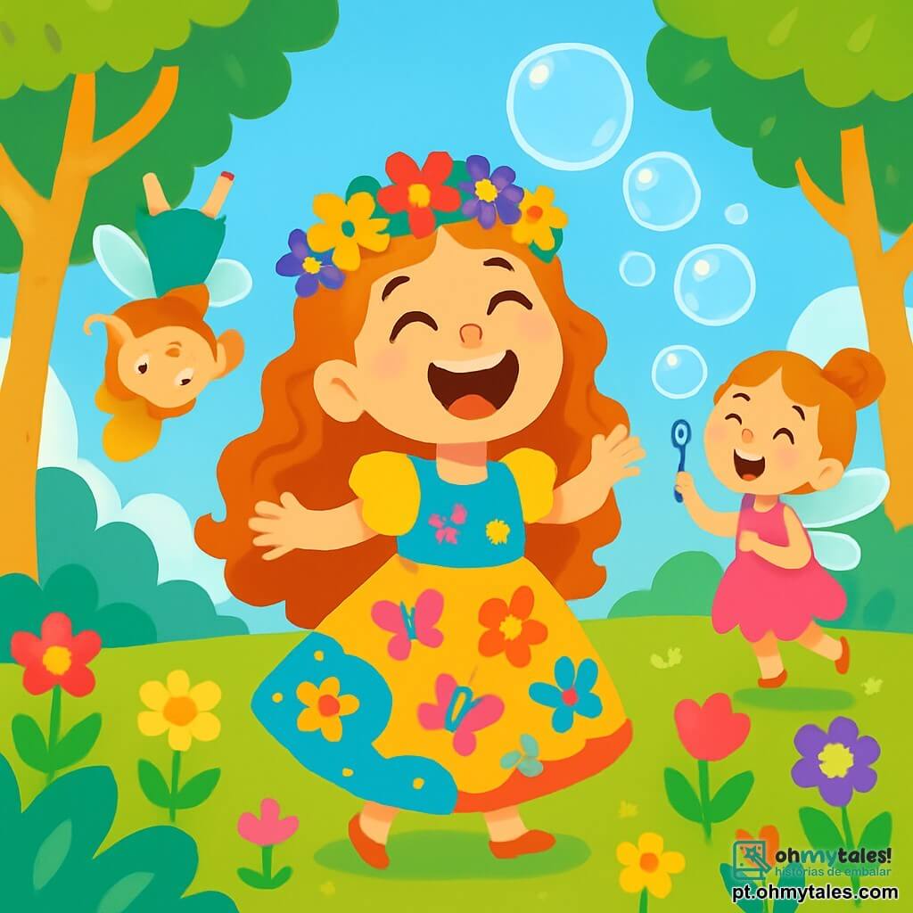 Uma princesa alegre, Pipoca, com longos cabelos cacheados e uma coroa de flores brilhantes, ri alto no meio de uma clareira ensolarada. Ela usa um vestido colorido decorado com padrões de borboletas e flores. Ao seu lado, a pequena fada Glub-Glub, de 5 anos, voa de cabeça para baixo com um sorriso travesso, suas asas cintilantes refletindo a luz do sol. Um pouco mais adiante, a fada Pompom, de 6 anos, cria enormes bolhas de sabão que flutuam no ar, seu rosto radiante de felicidade. A clareira é cercada por árvores de troncos dourados e flores multicoloridas, enquanto um céu azul brilhante se estende acima deles. A cena principal mostra Pipoca e suas amigas fadas se divertindo juntas, rindo e brincando em um mundo mágico cheio de alegria e cores.