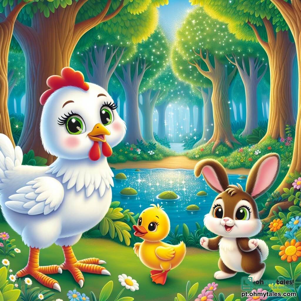 Uma galinha chamada Clara, com penas brancas e brilhantes, olhos curiosos e um pequeno bico laranja, está à beira de uma floresta mágica, com um olhar maravilhado e cheio de entusiasmo. Ao seu lado, um pato chamado Pedro, com plumagem amarelo-vivo e uma expressão um pouco preocupada, observa a floresta, enquanto um coelhinho chamado Rony, com grandes orelhas e pelagem macia e marrom, salta alegremente ao redor deles, cheio de energia. A cena acontece na entrada de uma floresta encantada, com árvores majestosas, folhas verdes vibrantes e flores coloridas espalhadas pelo chão, criando uma atmosfera mágica. Ao longe, uma fonte cintilante chama sua atenção, prometendo aventuras e descobertas. Clara, cheia de coragem, se prepara para entrar na floresta com seus amigos, pronta para explorar os mistérios que os aguardam.