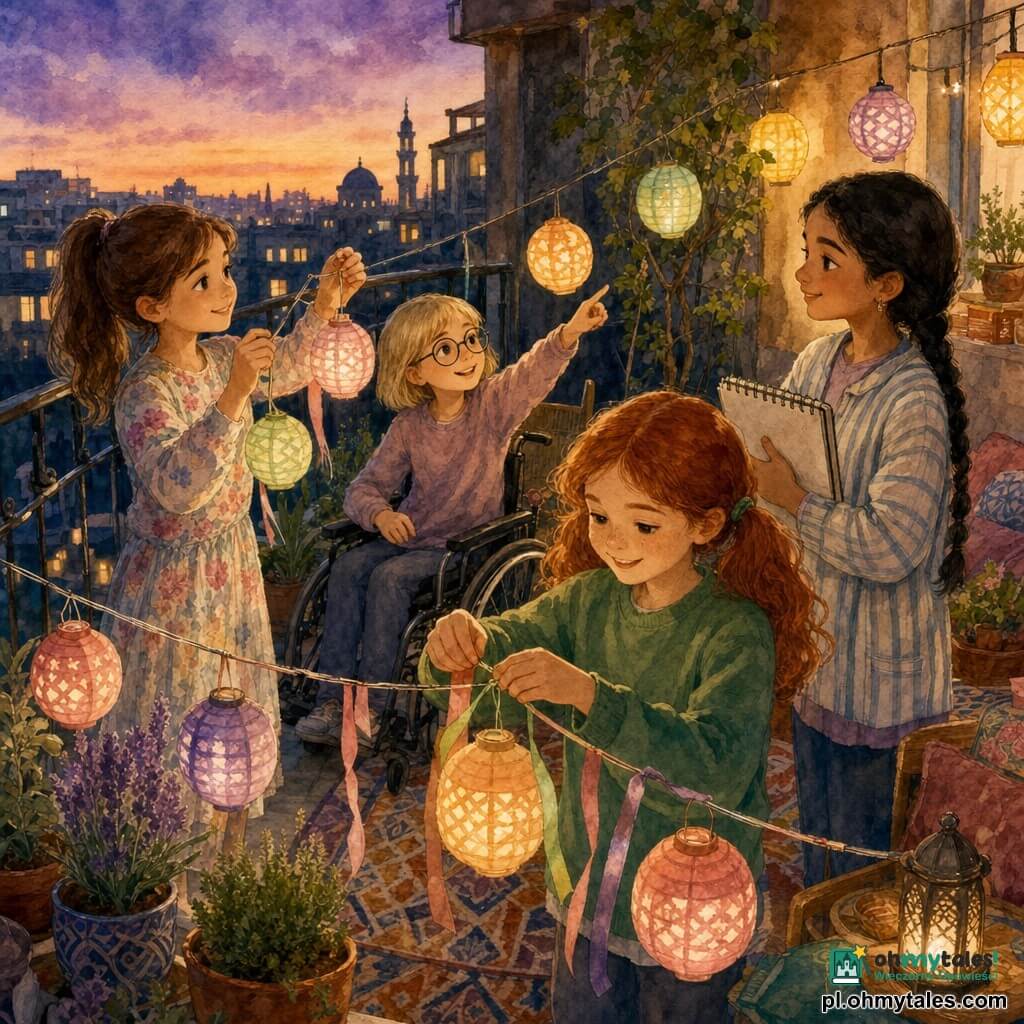Cztery dziewczynki dekorują balkon na Ramadan: Maja (ok. 9 lat) z brązowym kucykiem w pastelowej sukience trzyma girlandę małych kolorowych lampionów; Zosia (ok. 8 lat) z krótkimi blond włosami i okrągłymi okularami siedzi na wózku i wskazuje ciemniejszy róg balkonu, by ustawić światła; Leila (ok. 10 lat) warkocze, lekka pasiasta kurtka, trzyma szkicownik i nadzoruje dekoracje; Amelka (ok. 9 lat) ruda w kucykach, zielony sweter, wiąże kolorowe wstążki między lampionami, skoncentrowana i radosna. Balkon miejski o zmierzchu z metalową balustradą, doniczkami z ziołami, dywanikiem i zawieszonymi pastelowymi lampionami, atmosfera ciepła i wspólna, ze światłami, ręcznie robionymi kartkami i tacą ciastek na stoliku.