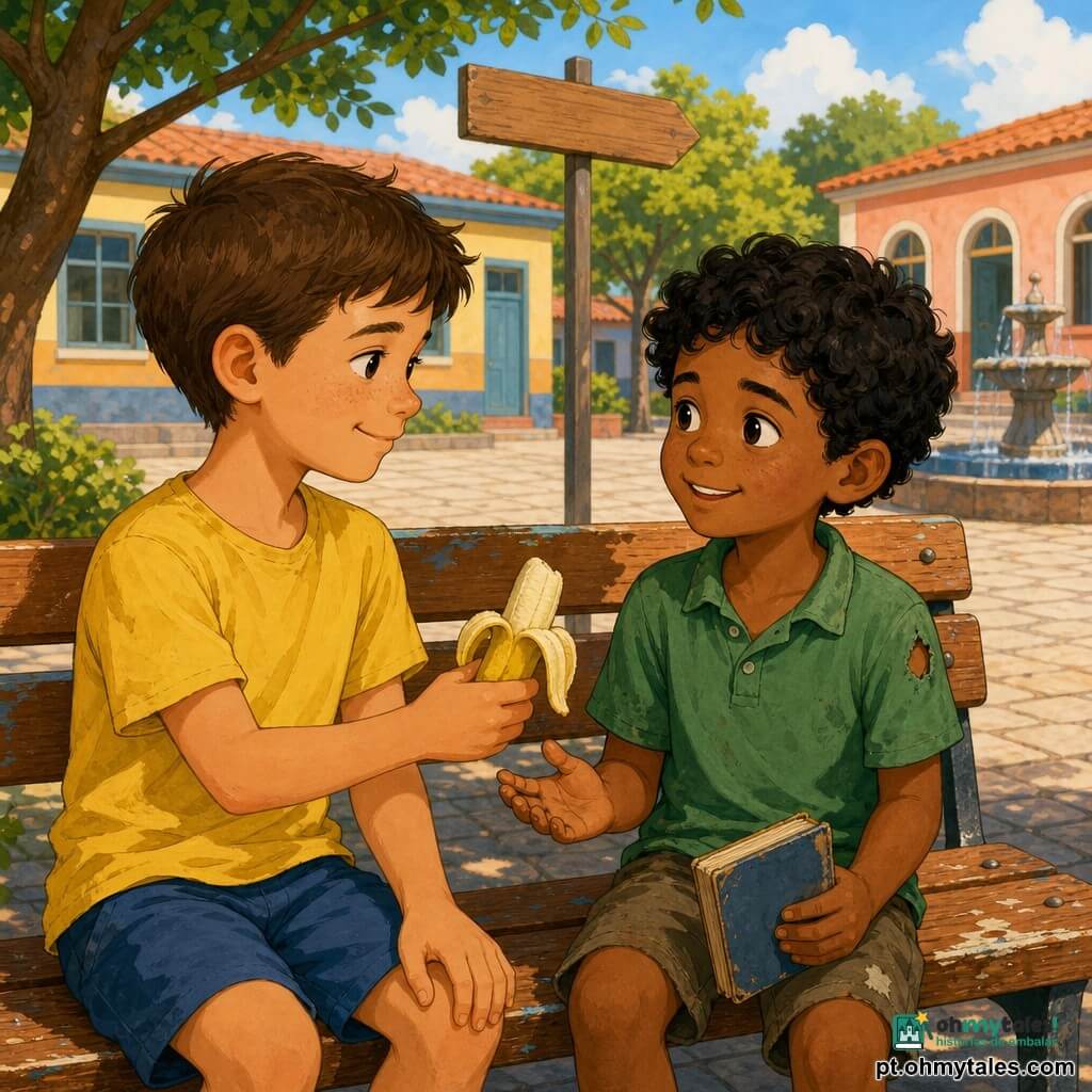 Dois meninos cerca de 8 anos sentados num banco de madeira numa escola ao sol da manhã: Tomás, cabelos castanhos curtos, camiseta amarela levemente amarrotada, short azul, segura meia banana na mão direita e sorri, à esquerda; Davi, pele mais escura, cabelos negros encaracolados, polo verde gasto com pequeno furo na manga, segura um livro gasto enquanto olha a banana com gratidão, à direita, ligeiramente inclinado; chão de lajotas claras, árvores com folhas verdes e prédios de tons pastéis ao fundo, luz suave, cores vívidas, atmosfera de ajuda mútua e simplicidade.