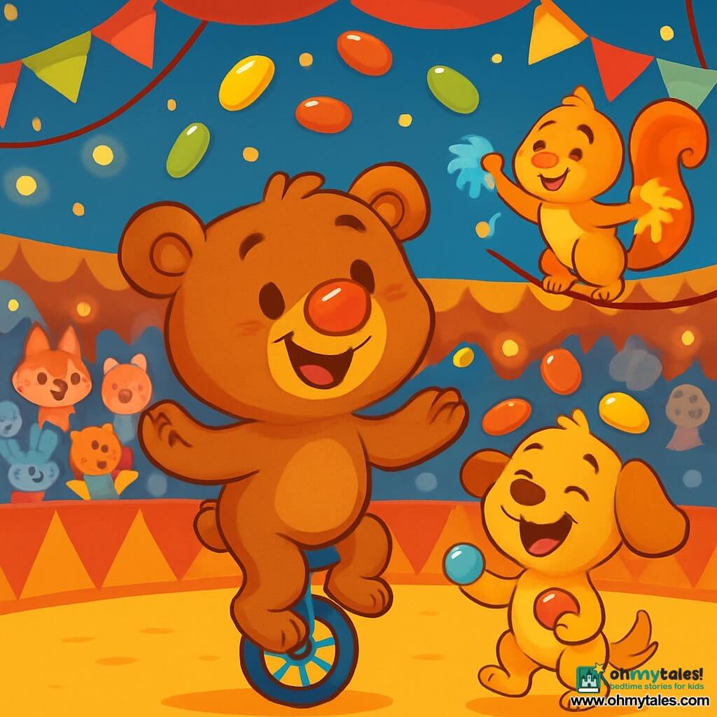 In the center of the scene, Benny, a teddy bear with soft brown fur and a shiny red nose, is juggling jellybeans while balancing on his small blue unicycle. He has a joyful smile and sparkling eyes, showing his enthusiasm and determination. Next to him, Patchy, a small puppy with big floppy ears and golden fur, is juggling colorful balls, laughing heartily. He has a mischievous look, and his tail wags with excitement. Sophie, a graceful squirrel with red fur and a bushy tail, is perched on a clothesline, waving colorful pom-poms while encouraging Benny. She looks proud and enthusiastic, ready to cheer for her friend. The setting is a large circus tent with twinkling lights and colorful banners overhead. Amazed spectators, consisting of animals in costumes, fill the benches, creating a festive and joyful atmosphere. The main scene shows Benny juggling jellybeans while balancing on his unicycle, surrounded by his friends who cheer him on, all in a cheerful, laughter-filled ambiance.