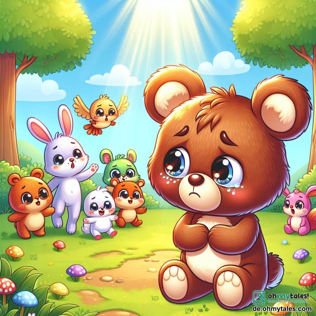 Ein kleiner Teddybär mit weichem braunem Fell und runden, glänzenden Augen steht in der Mitte des Bildes und zeigt einen traurigen, besorgten Ausdruck. Er schaut auf eine Gruppe von Tieren, die zusammen spielen, aber er scheint von ihrem Spiel ausgeschlossen zu sein. Links streckt ein kleiner Hase mit großen weißen Ohren und rosigen Wangen, der ein warmes Lächeln hat, seine Pfote zum Bären aus und zeigt, dass er ihn einbeziehen möchte. Rechts lachen eine Gruppe von bunten kleinen Tieren, wie ein quirliger Eichhörnchen und ein Vogel mit leuchtenden Federn, zusammen, aber ihre Blicke sind gleichgültig gegenüber dem Bären. Die Szene spielt in einer sonnigen Lichtung, umgeben von grünen Bäumen mit glänzenden Blättern und bunten Blumen, die im Wind tanzen. Der Boden ist mit weichem Gras bedeckt, und ein Sonnenstrahl beleuchtet den Bären und betont seine Isolation. Die Hauptsituation zeigt den traurigen Bären, der abseits der anderen Tiere steht, die Spaß haben, während der Hase, voller Mitgefühl, versucht, ihn einzuladen, sich ihnen anzuschließen, und damit das Thema von Inklusion und Freundschaft angesichts von Mobbing verdeutlicht.