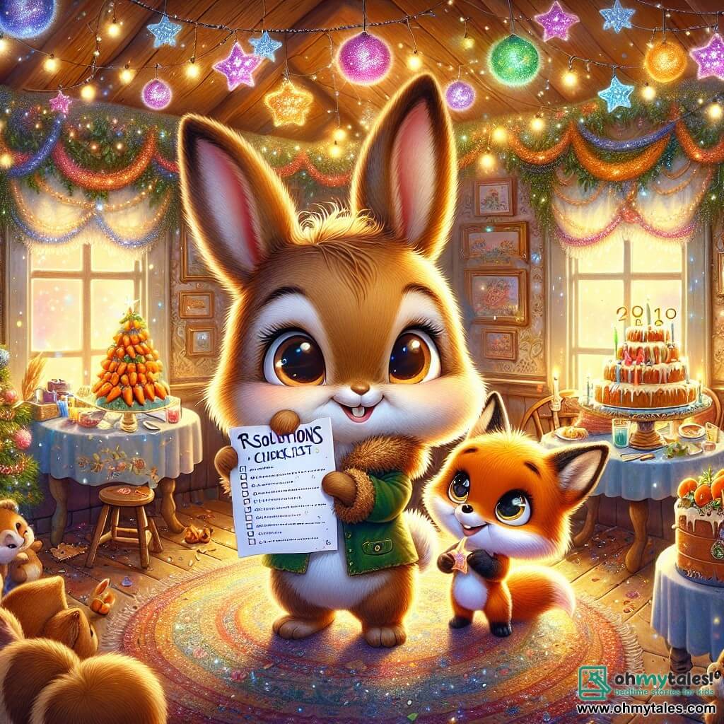 Binky, a small rabbit with big ears and soft brown fur, stands at the center of the scene, his eyes shining with excitement, holding a list of resolutions in his little paws. Next to him, Fluffy, a bright orange fox with a bushy tail, smiles joyfully, his eyes sparkling with mischief, holding shimmering stars ready to be hung. The scene takes place in a charming house decorated for New Year's, with colorful garlands and twinkling lights illuminating the room. A large table is laden with treats, featuring a magnificent carrot cake at the center, surrounded by colorful confetti adding a festive touch. Binky and Fluffy are preparing for the party, surrounded by their friends, all ready to share their resolutions and celebrate the new year together. The atmosphere is cheerful and warm, filled with laughter and anticipation for the adventures to come.