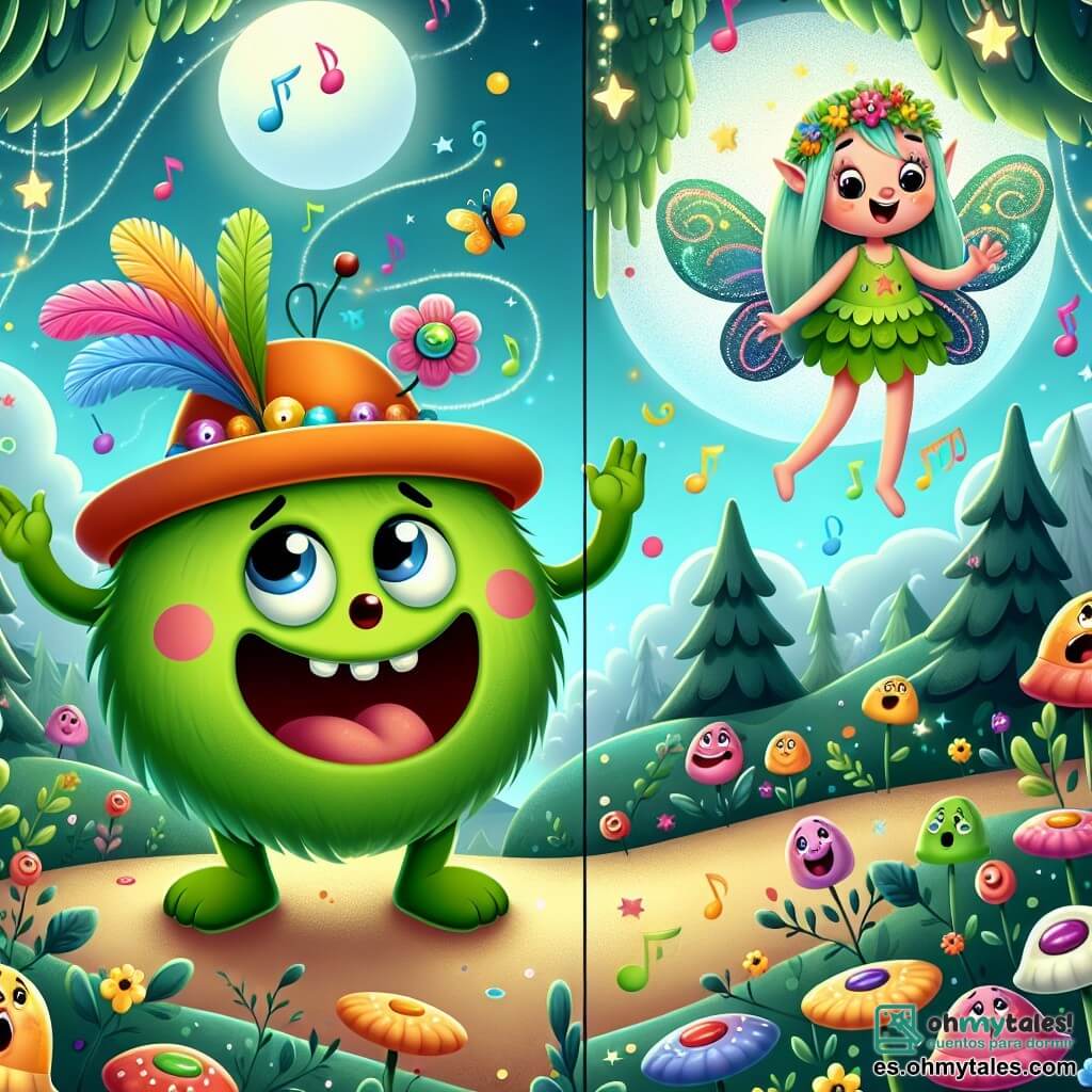 Un monstruo divertido llamado Bombo, un ser verde y redondo con una gran sonrisa, lleva un sombrero naranja adornado con una pluma colorida que le hace cosquillas en la nariz. Está cantando alegremente, con los brazos levantados, en un mundo mágico lleno de flores cantoras y ríos de chocolate. A su lado, Luzia, un hada con alas brillantes como estrellas, es una niña de unos 10 años. Sonríe con asombro, con los brazos cruzados, flotando ligeramente sobre el suelo, rodeada de luces de hadas. El escenario es un bosque encantado, donde los árboles están hechos de caramelos y las nubes son suaves como el algodón. Colores vivos iluminan el entorno, creando una atmósfera alegre y acogedora. La situación principal muestra a Bombo cantando para calmar un viento tumultuoso que sopla a través del bosque, mientras Luzia lo anima con gestos entusiastas, creando una escena llena de magia y amistad.