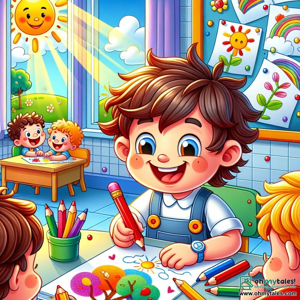 A 4-year-old boy named Charlie, with messy brown hair and a big cheerful smile, is sitting at a small table in a bright classroom. He holds colorful crayons in his little hands and is drawing a large tree with multicolored leaves, his face beaming with excitement and pride. Next to him, another 4-year-old boy named Max, with curly hair and a red shirt, is drawing a big red truck, his eyes shining with enthusiasm. The classroom is decorated with colorful drawings on the walls, with windows letting in sunlight and small wooden desks. The main scene shows Charlie focused on his drawing, surrounded by classmates having fun, while Miss Lily, the teacher, smiles as she watches them, creating a joyful and welcoming atmosphere.