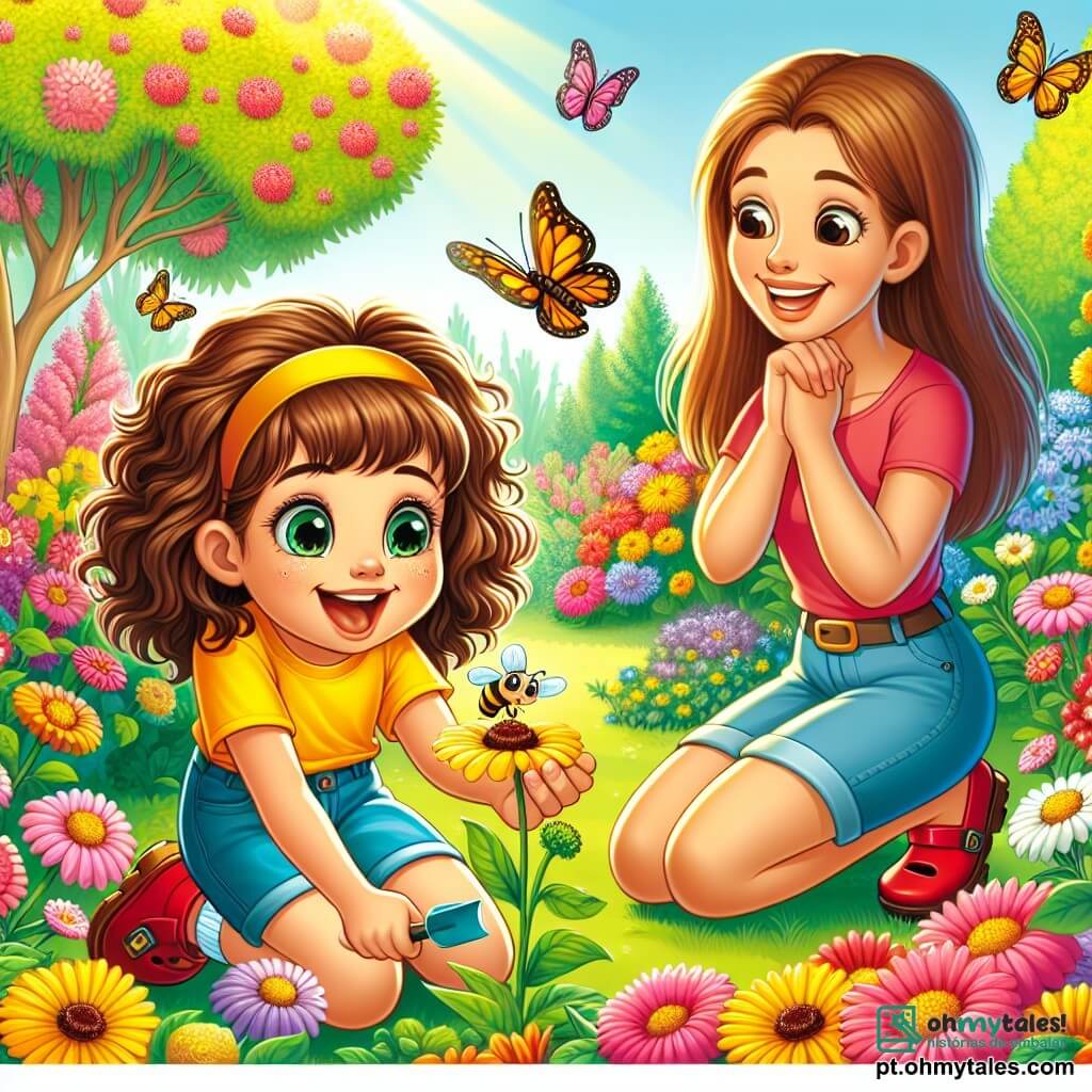 Uma menina de 12 anos, Clara, com cabelos cacheados castanhos e olhos brilhantes de curiosidade, está ajoelhada em um jardim vibrante de cores primaveris. Ela usa uma camiseta amarela brilhante e um short de denim, com galochas vermelhas, e seu rosto expressa uma alegria radiante enquanto observa uma pequena abelha em uma flor. Ao lado dela, sua mãe, uma mulher de cerca de 35 anos, com cabelos longos e castanhos, sorri segurando uma pá, pronta para ajudá-la a jardinar. O jardim é um quadro vivo, com flores multicoloridas, árvores em flor e borboletas voando no ar suave. Clara e sua mãe estão cercadas por uma vegetação luxuriante, e o sol brilha, iluminando cada pétala e cada folha. A cena principal mostra Clara maravilhada com a beleza da natureza, pronta para descobrir os segredos da primavera.