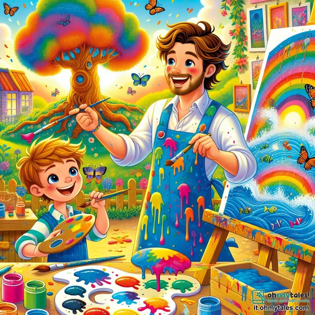 Un uomo sorridente, di nome Marco, è al centro dell'immagine. Ha capelli ricci castani e indossa un grembiule colorato, macchiato di vernice. Il suo viso irradia gioia e passione mentre dipinge un grande albero magico su una tela, circondato da colori vivaci. Accanto a lui, un ragazzo di nome Luca, di circa 8 anni, ha occhi scintillanti e capelli biondi arruffati. Tiene un pennello in una mano e una tavolozza di colori nell'altra, mentre dipinge un magnifico oceano blu con pesci colorati. La scena si svolge in un giardino soleggiato, pieno di fiori dai colori vivaci, con farfalle che volano intorno. Sullo sfondo, si erge una piccola casa gialla, con muri decorati da quadri colorati. Marco e Luca sono immersi nella loro creazione artistica, ridendo e incoraggiandosi a vicenda, mentre schizzi di vernice colorata fluttuano attorno a loro, creando un'atmosfera gioiosa e magica.