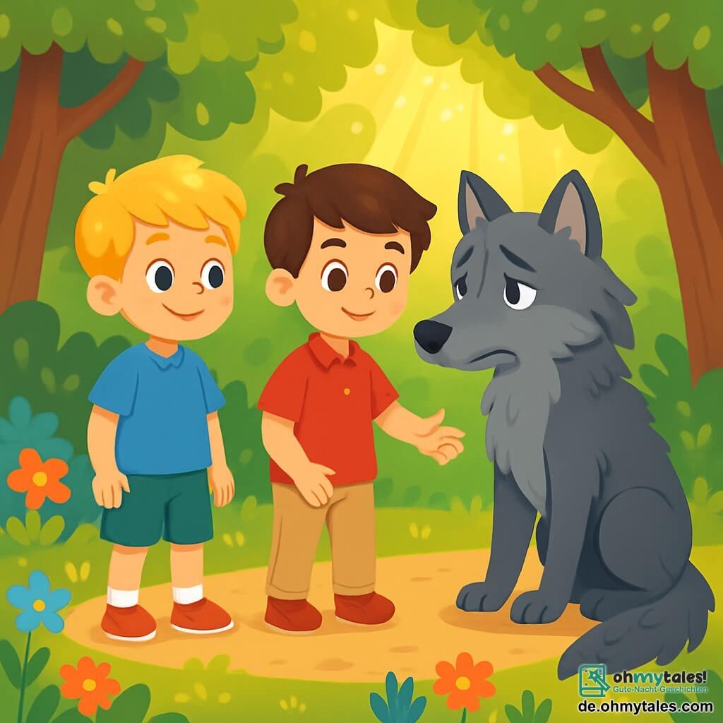 Es gibt drei Charaktere: Max, ein 8-jähriger Junge mit golden-blonden Haaren, trägt ein blaues T-Shirt und grüne Shorts. Er steht links, lächelt und hat einen neugierigen Blick. Leo, ein 7-jähriger Junge mit braunen Haaren und funkelnden Augen, trägt ein rotes Hemd und beige Hosen. Er steht in der Mitte und schaut den Wolf mit Mitgefühl an. Der Wolf ist ein großer grauer Wolf mit zerzaustem Fell und traurigen Augen, sitzt auf seinen Hinterbeinen rechts und wirkt zögerlich, aber neugierig auf die beiden Jungen. Die Szene spielt in einer verzauberten Lichtung im Herzen eines magischen Waldes, umgeben von großen Bäumen mit dicken Stämmen und grünen Blättern, die ein natürliches Dach bilden. Bunte Blumen wachsen am Boden, und Sonnenstrahlen durchdringen die Äste und beleuchten die Szene mit einem goldenen, warmen Licht. Max und Leo stehen dem Wolf gegenüber und bieten ihm ihre Freundschaft an. Max lächelt selbstbewusst, während Leo seine Hand zum Wolf ausstreckt, der zögerlich, aber von ihrer Freundlichkeit fasziniert scheint. Die Atmosphäre ist voller Hoffnung und Magie und symbolisiert den Beginn einer schönen Freundschaft.