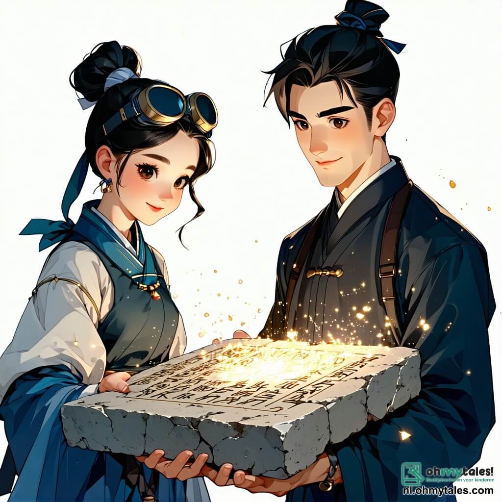 Mei Jing, een dertigjarige vrouwelijke archeoloog, staat in het midden van de afbeelding met zwart haar in een knot en een veiligheidsbril op haar voorhoofd. Ze heeft een verwonderde glimlach op haar gezicht en houdt een grote stenen tablet vast, versierd met oude tekens, terwijl er lichtflitsen om haar heen schitteren. Rechts van haar is Li Wei, een man van ongeveer 25 jaar, gebogen over een oude pot die hij gefascineerd bekijkt, met rommelig bruin haar en een pet op zijn hoofd. De achtergrond is een uitgestekte archeologische opgraving in een warme, gouden woestijnvallei, omringd door golvende zandduinen en oude ruïnes, met archeologische gereedschappen verspreid om hen heen. De hoofdactie toont Mei Jing die een mysterieuze stenen tablet ontdekt met oude inscripties, terwijl het zonlicht hun ontdekking verlicht en een magische, spannende sfeer creëert.