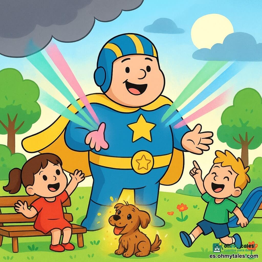 Un hombre alto, el Capitán Brillo, sonriente, rostro redondo y piel clara, casco azul con rayas doradas y capa amarilla ondeando, de pie sobre el césped con las manos abiertas de las que salen rayos rosa, verde y azul; una niña, Ana, de unos 4 años, con coletas y vestido rojo, sentada a la izquierda en un banco y levantando los brazos hacia la luz; un niño de unos 6 años, rubio y con camiseta verde, salta a la derecha riendo y señalando el cielo; un perrito mojado llamado Pipí, pelaje marrón y ojos brillantes, sentado delante del héroe mientras un aura cálida dorada lo seca; parque luminoso con una gran nube gris cubriendo parcialmente el sol, césped verde, flores, un tobogán azul y árboles de hojas redondas; escena principal: el superhéroe emite rayos coloridos que ahuyentan la grisura, hacen sonreír a los niños y secan al perro, ambiente alegre, colores vivos, trazos simples y formas redondeadas aptas para bebés.