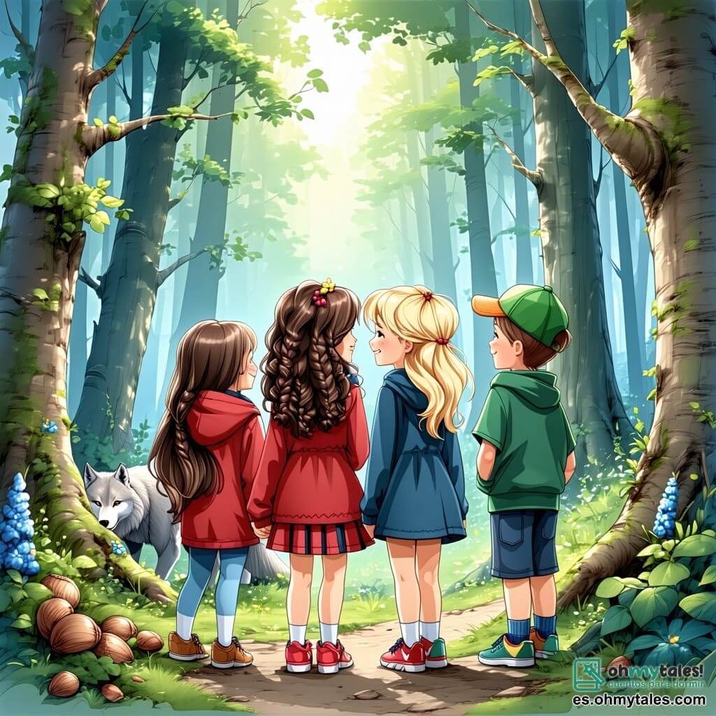 En un claro encantado, cuatro chicas de once años están juntas. **Sofía**, la más valiente, tiene el cabello rizado y lleva una chaqueta roja, se posiciona orgullosamente al frente, mirando al lobo con determinación. **Valentina**, con su cabello rubio y una gorra verde, está a su derecha, con una sonrisa traviesa, lista para desafiar. **Clara**, la soñadora de cabello castaño y vestido azul, se mantiene un poco atrás, con los ojos brillantes de imaginación, mientras que **Ana**, con su cabello negro y una falda rosa, está a la izquierda, con un aire pensativo, sosteniendo un libro abierto.

El gran lobo feroz, inmenso y majestuoso, se encuentra en el centro del claro, su pelaje gris brilla bajo el sol, sus ojos amarillos fijos en las chicas, con una mezcla de curiosidad y desafío en su mirada.

El claro está rodeado de grandes árboles con troncos gruesos, cuyas hojas verdes crean un techo natural sobre ellas, mientras que flores coloridas salpican el suelo, añadiendo un toque de magia al entorno.

La situación principal muestra a las chicas desafiando al lobo con un juego de acertijos, una tensión palpable en el aire, mientras se unen para demostrar que incluso el depredador más temido puede ser vencido por la inteligencia y la amistad.