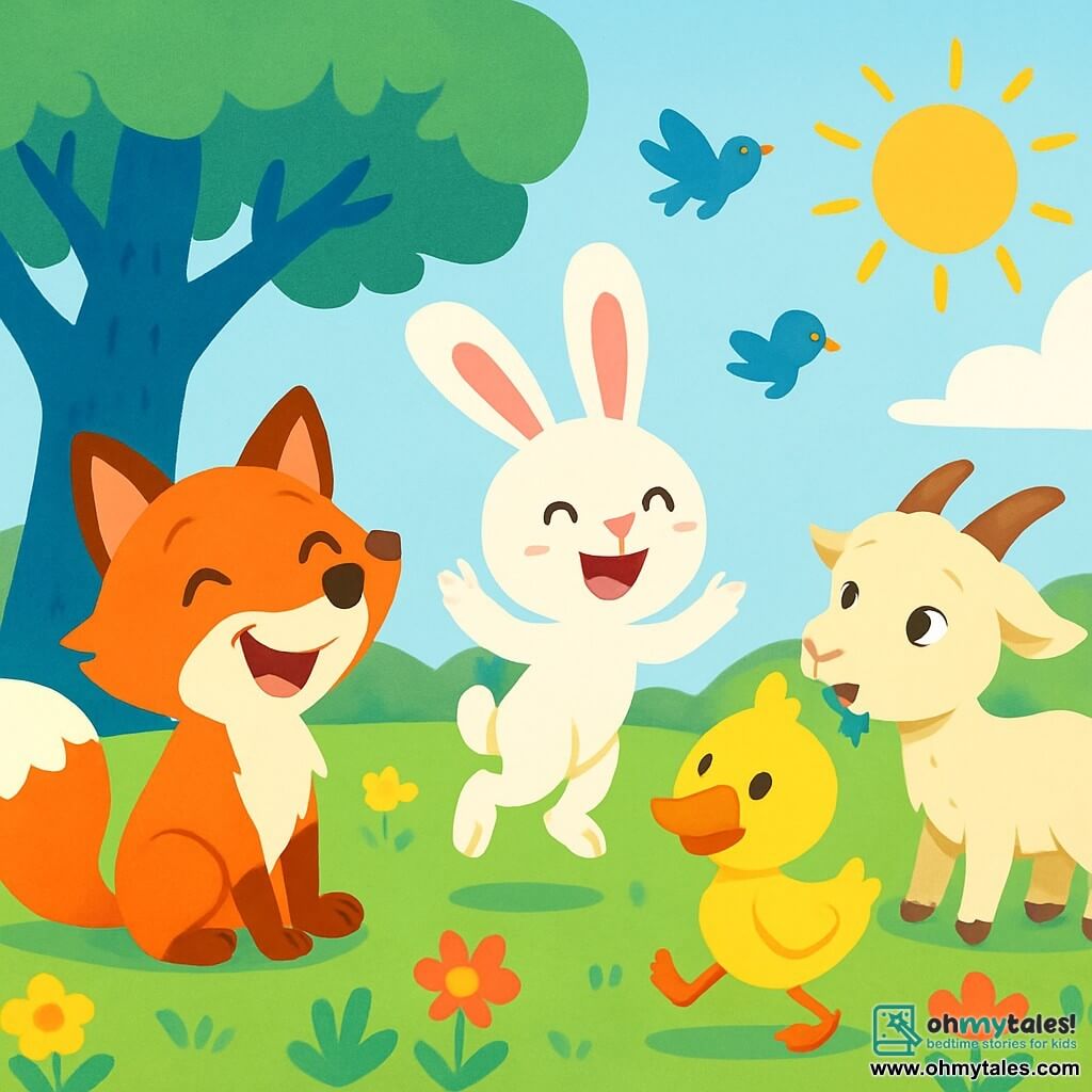 Foxy the fox, with his bright red fur and sparkling mischievous eyes, laughs heartily under a large blue tree. Next to him, Bouncy Bunny, a small rabbit with big white ears and a joyful smile, jumps for joy while waving his paws. A little further away, Dizzy Duck, a duck with bright yellow feathers, spins around with an amused expression, while Goofy Goat, a goat with soft, creamy fur, nibbles on a colorful hat with a surprised look. They are all in a green field dotted with vibrant flowers, where the sun shines and the birds sing. The scene captures their laughter and joy as they try to decide which fun game to play together.